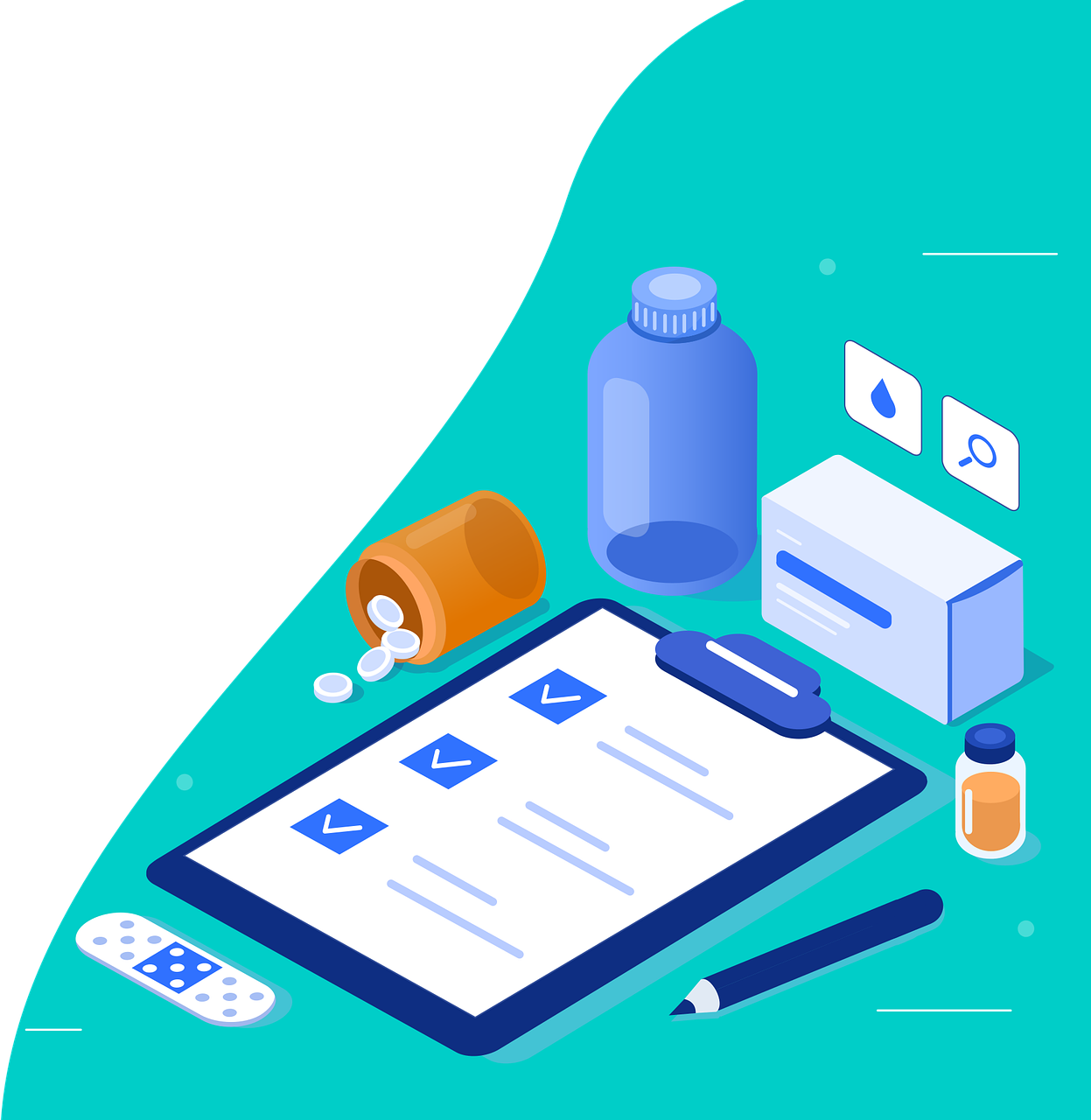 Stylisierte Icons einer Krankheitsakte, eines Pflasters, mehrere Medikamentenschachteln. Die Icons sind vor einem grünen Hintergrund