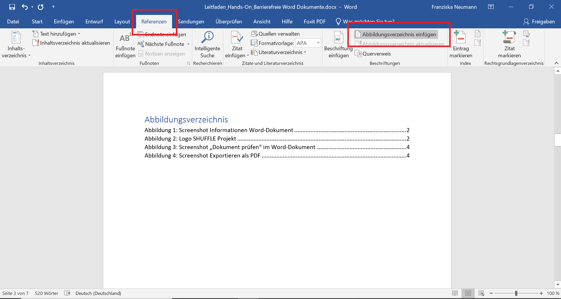 Word-Dokument in dem der 6. Reiter Referenzen geöffnet und die Schaltfläche Abbildungsverzeichnis einfügen ausgewählt ist. 