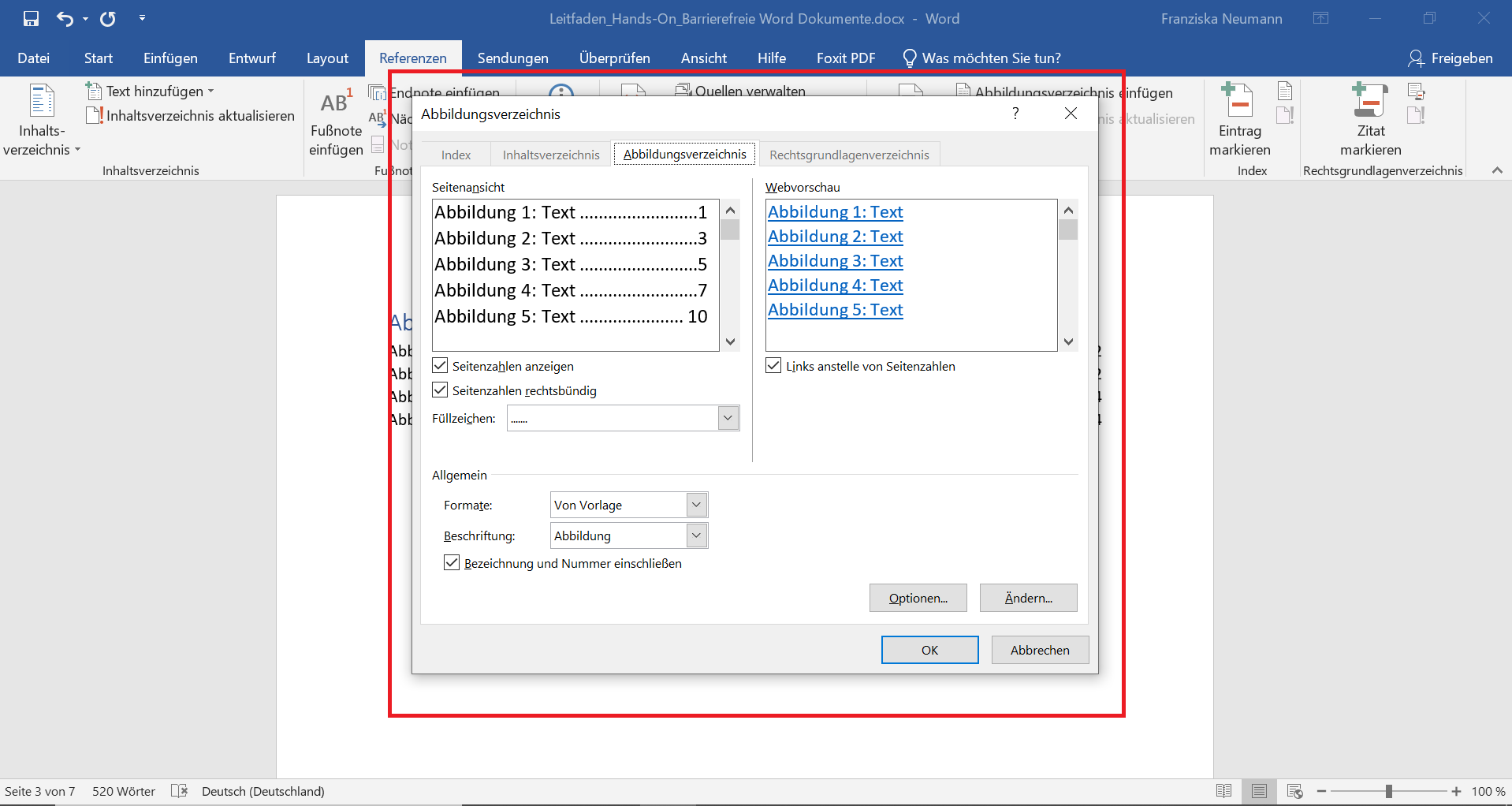 Word-Dokument mit geöffnetem Menü des Abbildungsverzeichnisses. 