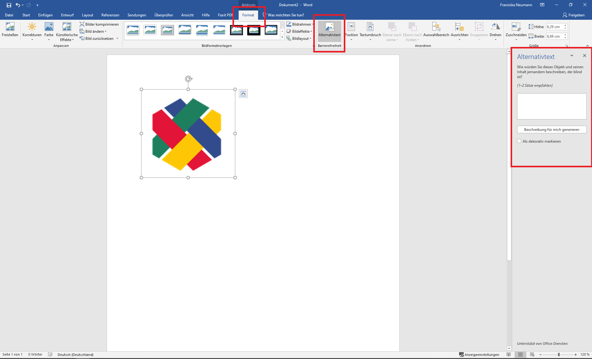 Ein offenes Word-Dokument mit roten Kästen um den Reiter Format, die Schaltfläche Alternativtext und die Eingabemaske des Alternativtextes.