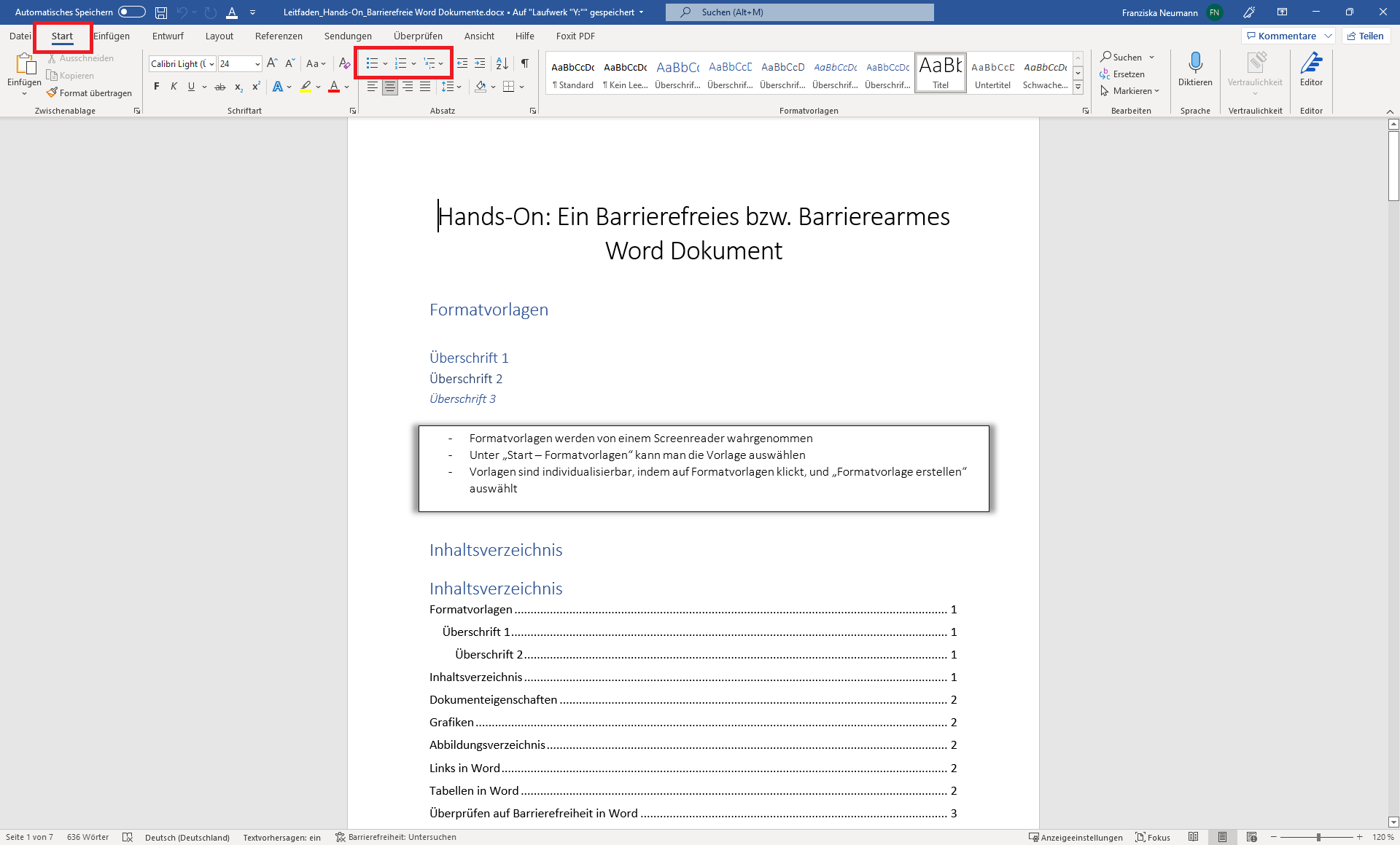 Screenshot eines Word-Dokuments. Die Registerkarte Start ist geöffnet und die verschiedenen Aufzählungszeichen im Menü sind rot umrandet.