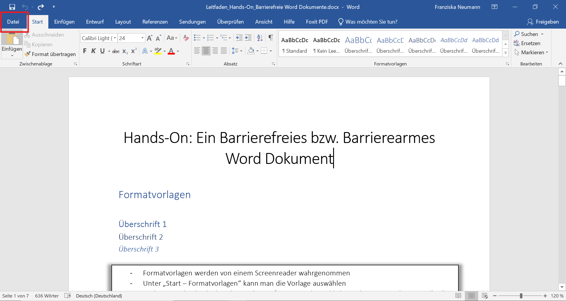 Word-Dokument bei dem der Reiter "Datei" mit einem roten Kasten hervorgehoben ist.