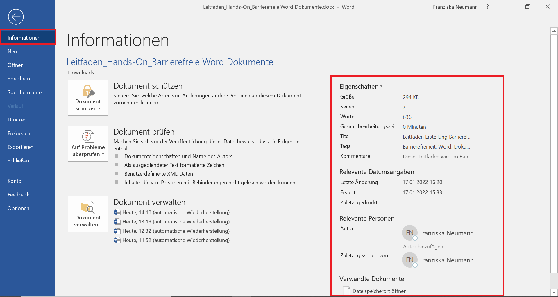 Word-Dokument in dem die Dokumenteigenschaften geöffnet sind.
