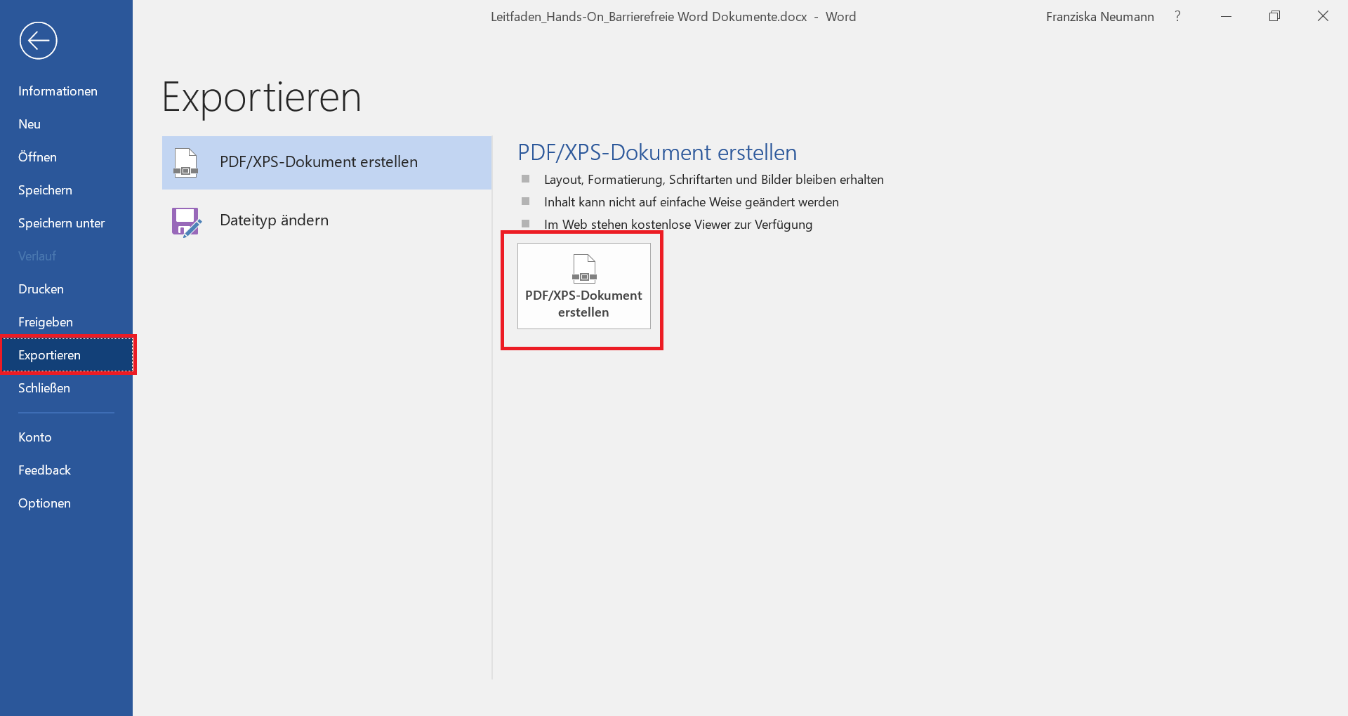 Word-Dokument, in dem die Maske zum Exportieren ins PDF-Format geöffnet ist.