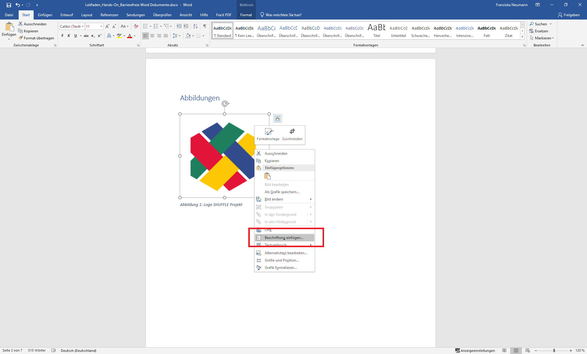 Eine Word-Datei mit einer Abbildung, auf die per Rechtsklick geklickt wurde, sodass sich die Schaltfläche Beschriftung hinzufügen im Pop-Up Menü öffnet.