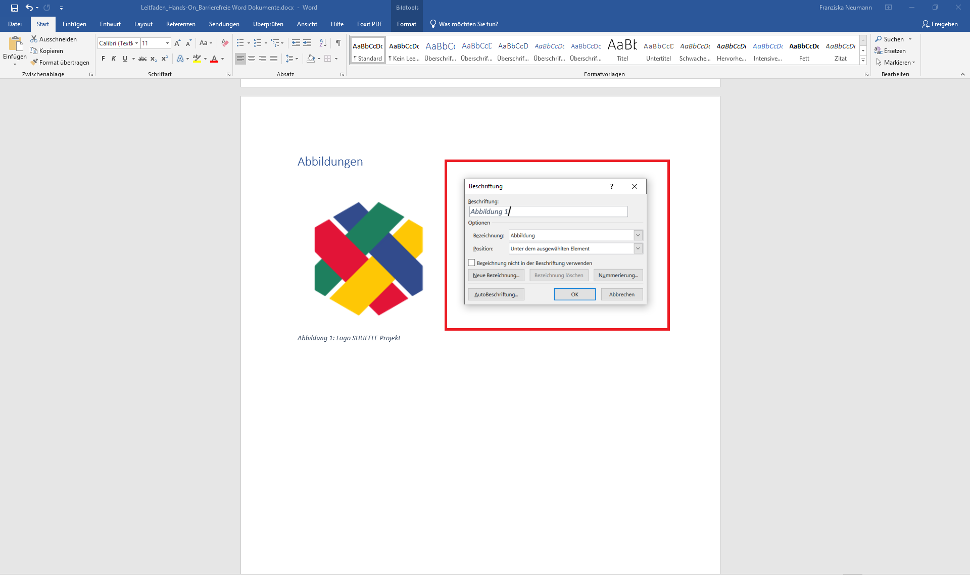 Ein Word-Dokument mit einer Abbildung. Das Beschriftungs-Eingabefeld ist geöffnet.