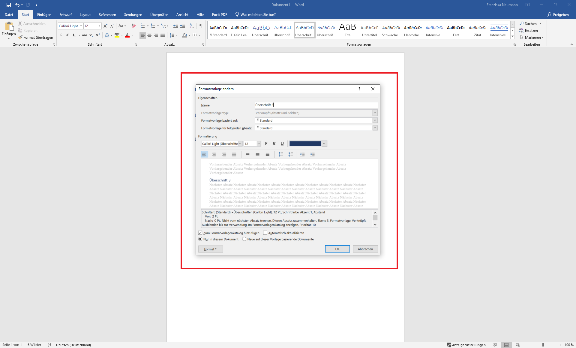 Das rot  umrandete geöffnete Änderungsmenü der Formatvorlagen.