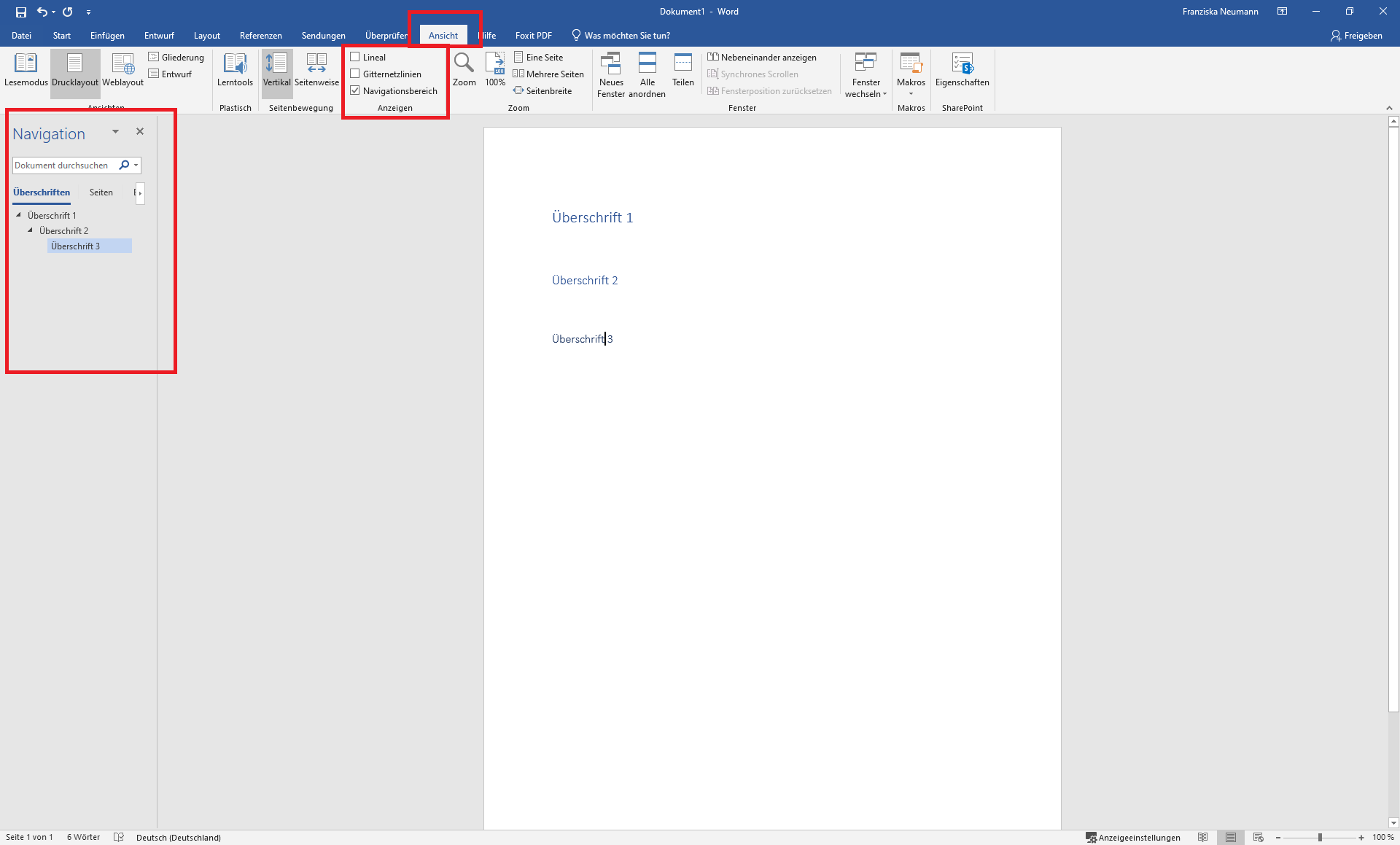 Das Word-Dokument mit dem geöffneten Ansicht-Reiter und einem gesetzten Häkchen beim Navigationsbereich, sodass die Navigation im linken Bereich des Dokuments geöffnet ist.