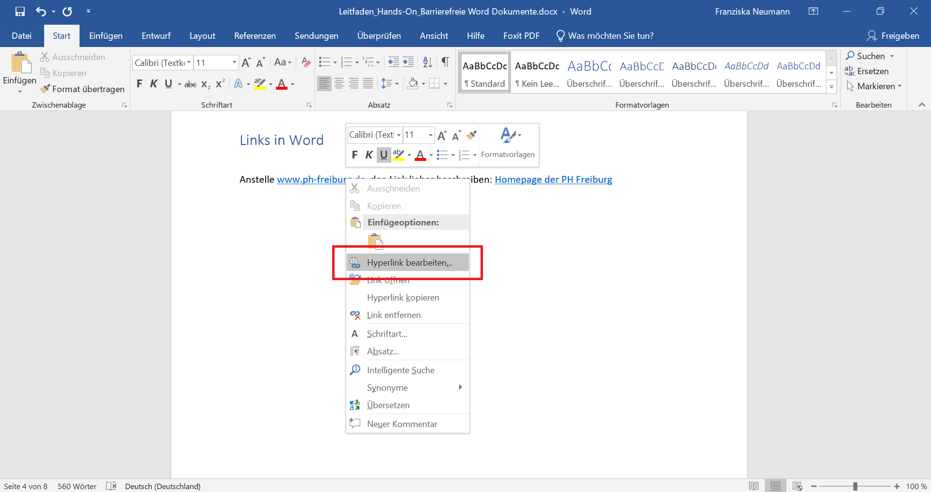 Word-Dokument mit einem geöffneten Pop-Up Menü eines Hyperlinks.