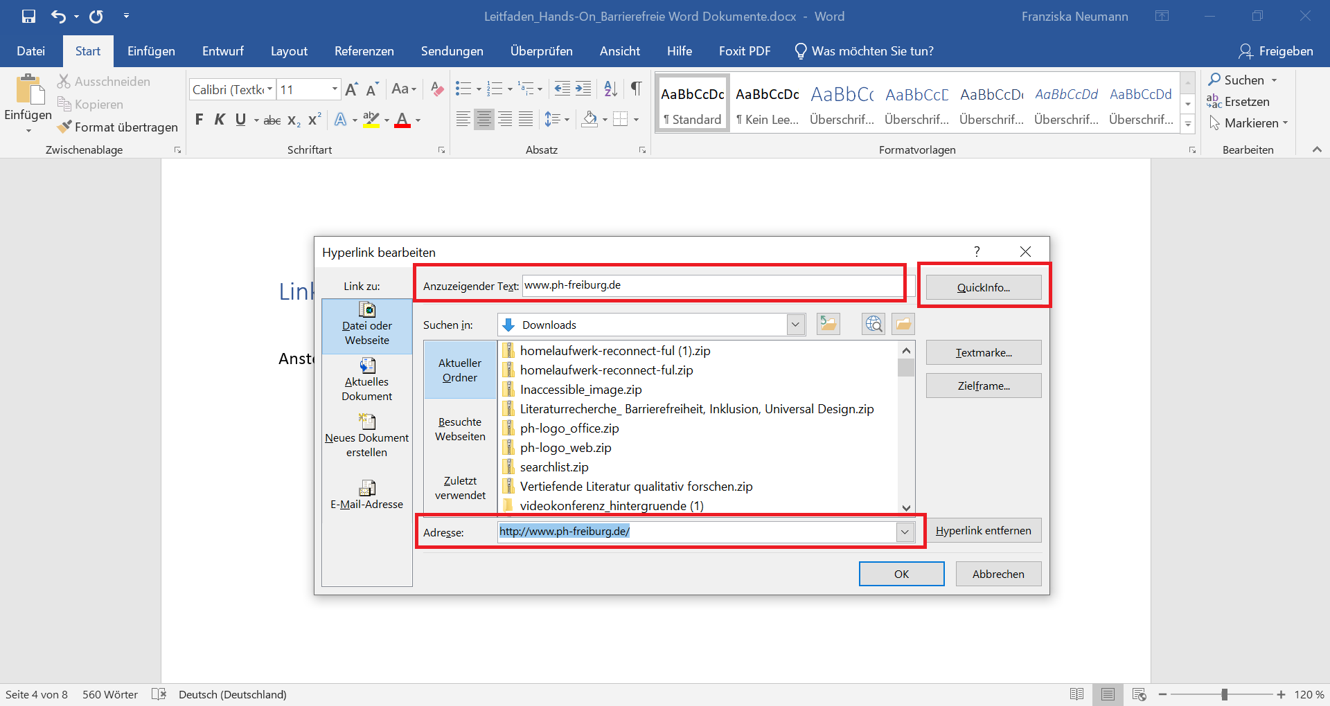 Word-Dokument mit geöffneter Bearbeitungsmaske eines Hyperlinks.