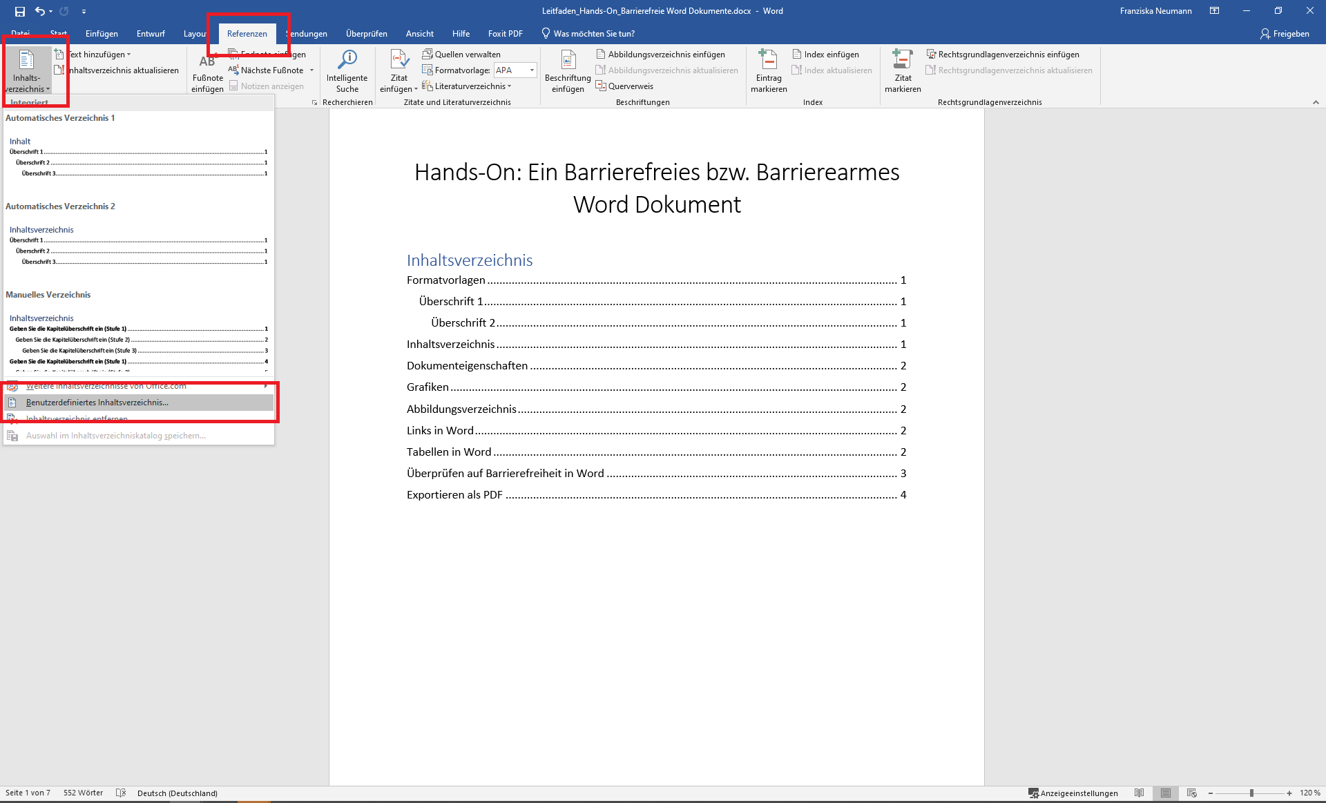 Ein Word-Dokument mit geöffnetem Referenz-Reiter und geöffnetem Inhaltsverzeichnis Kontextmenü