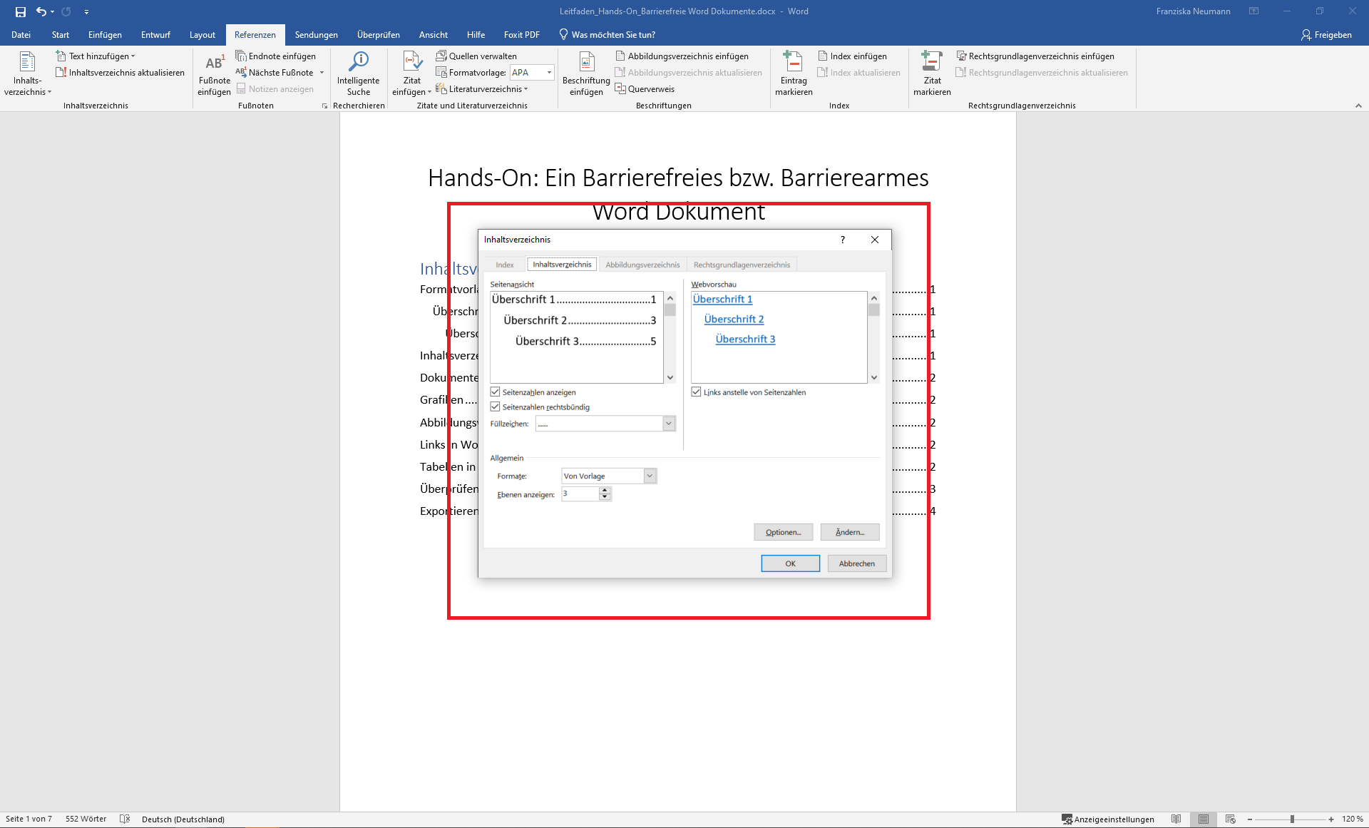 Das Pop-Up Einstellungsmenü eines benutzerdefiniertem Inhaltsverzeichnis.