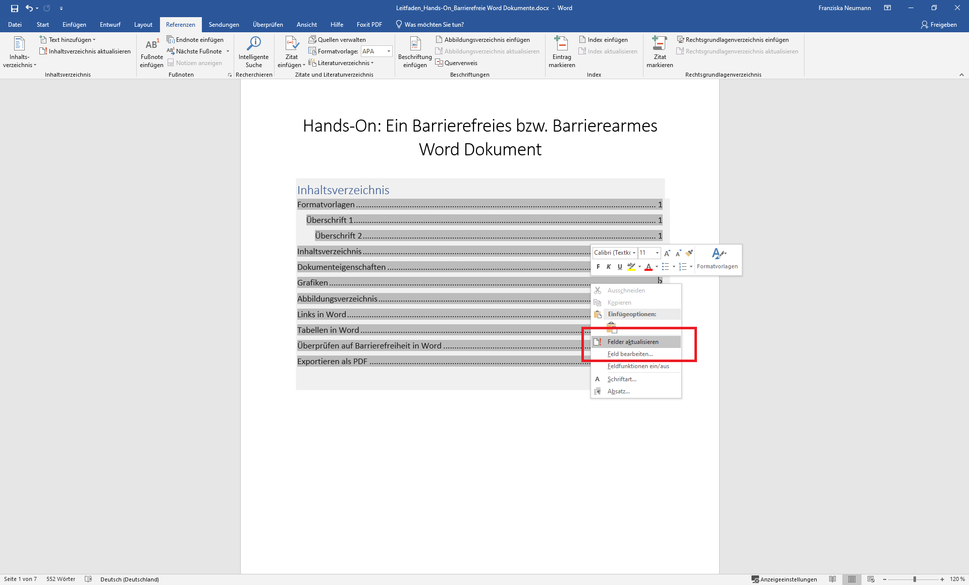 Das Kontextmenü des Inhaltsverzeichnis, welches sich durch Rechtsklick öffnet und das Feld "Feld aktualisieren" ist durch einen roten Kasten markiert.