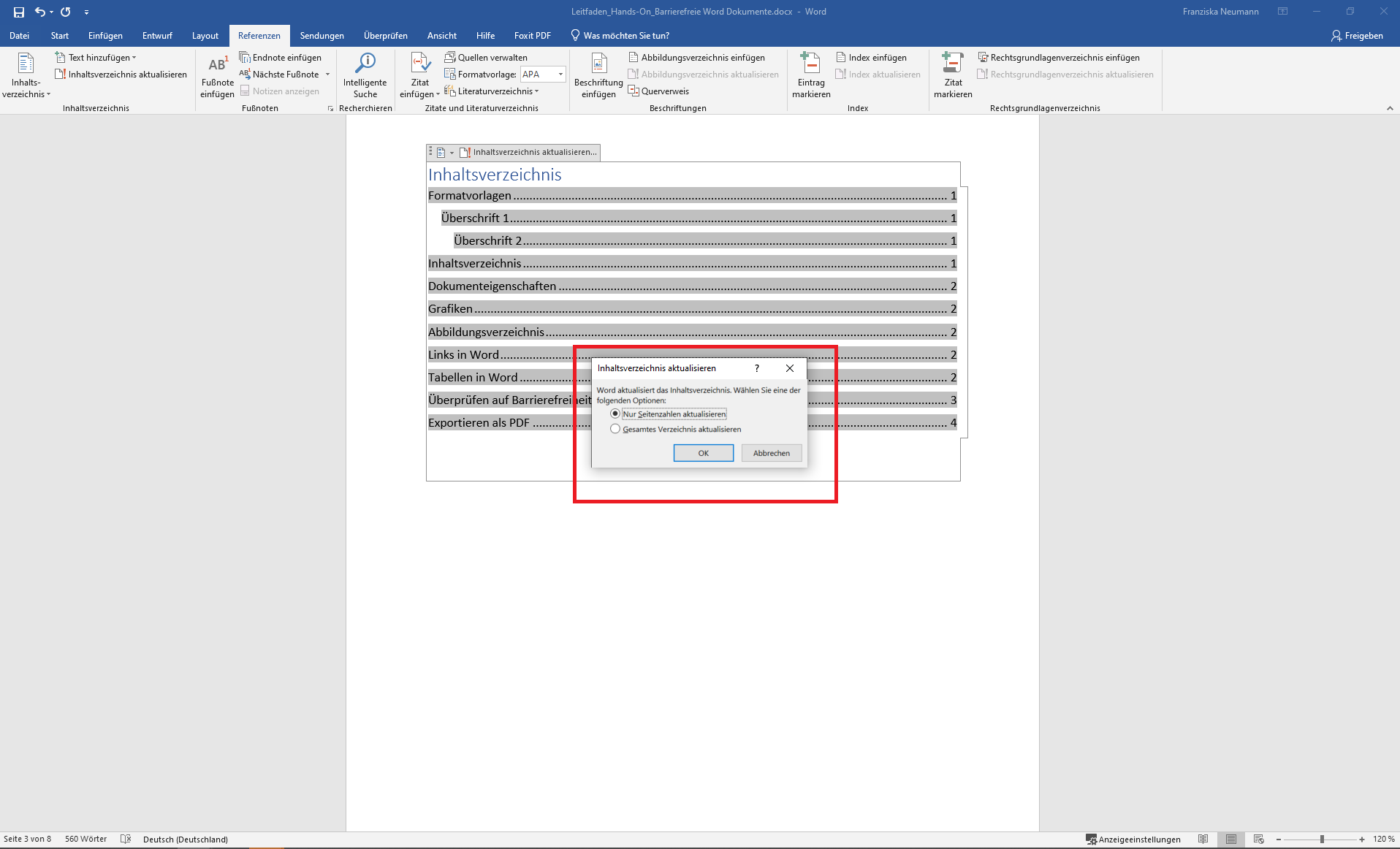 Das Pop-Up Menü bei der Aktualisierung des Inhaltsverzeichnisses.