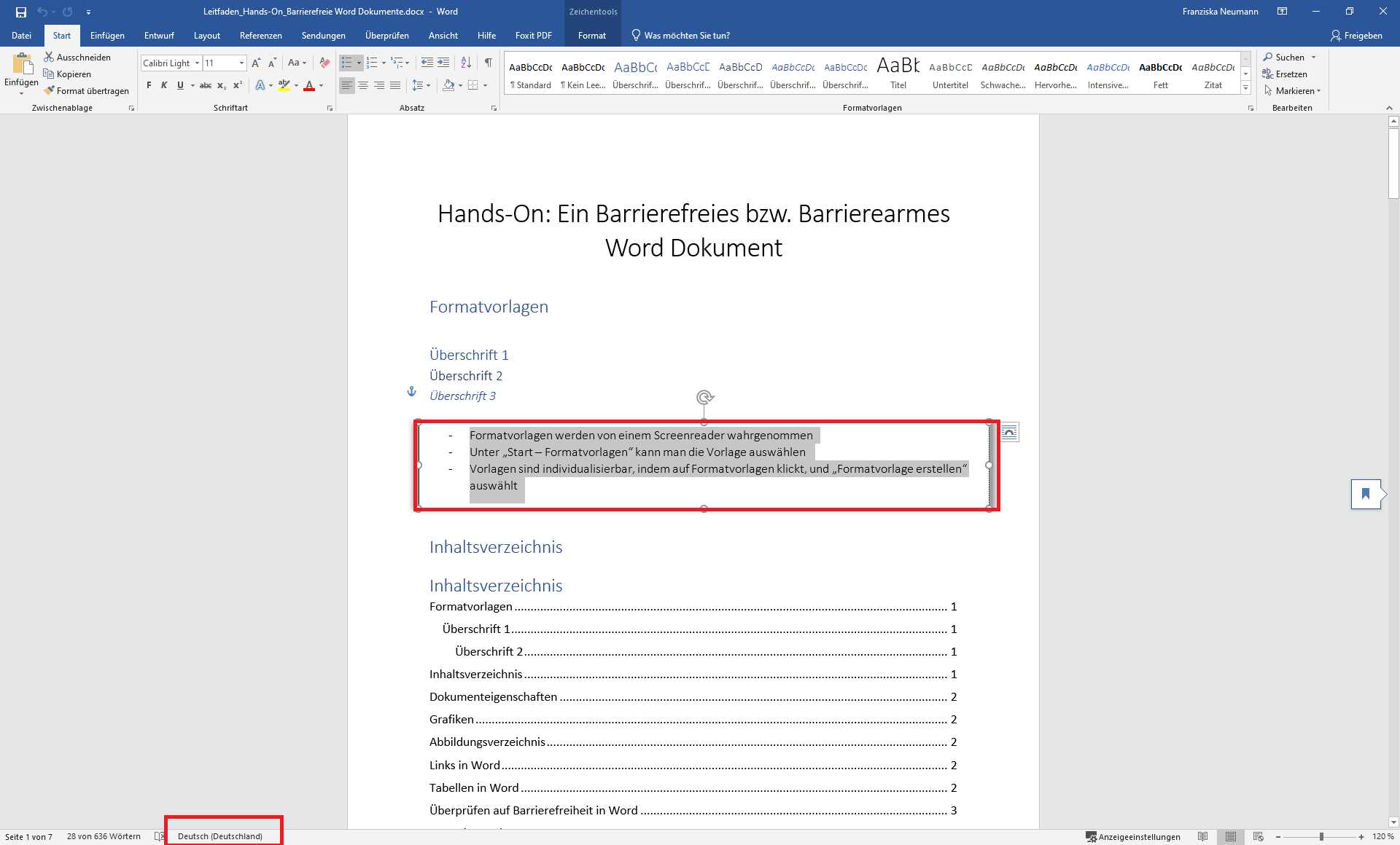 Word-Dokument in dem ein geschriebener Text markiert wurde, um ihn eine Sprache zuzuordnen. 