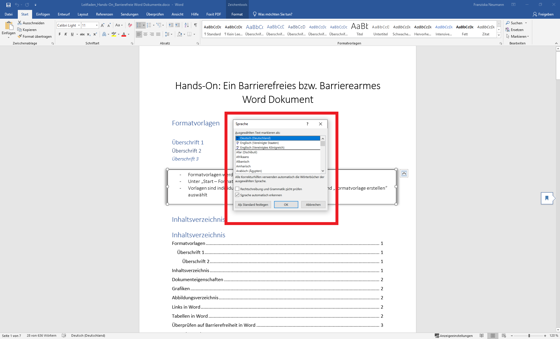 Word-Dokument, in dem das Sprachen-Menü geöffnet ist. 
