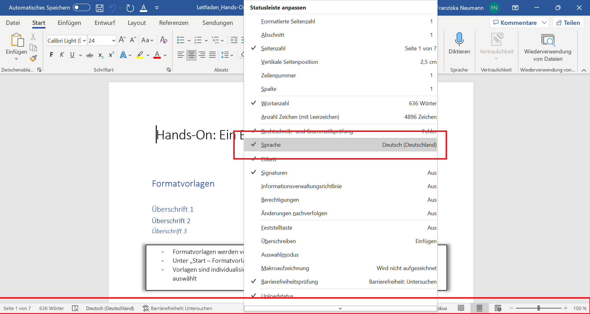 Screenshot eines Word-Dokuments mit geöffnetem Menü zum Anpassen der unteren horizontalen Leiste.
