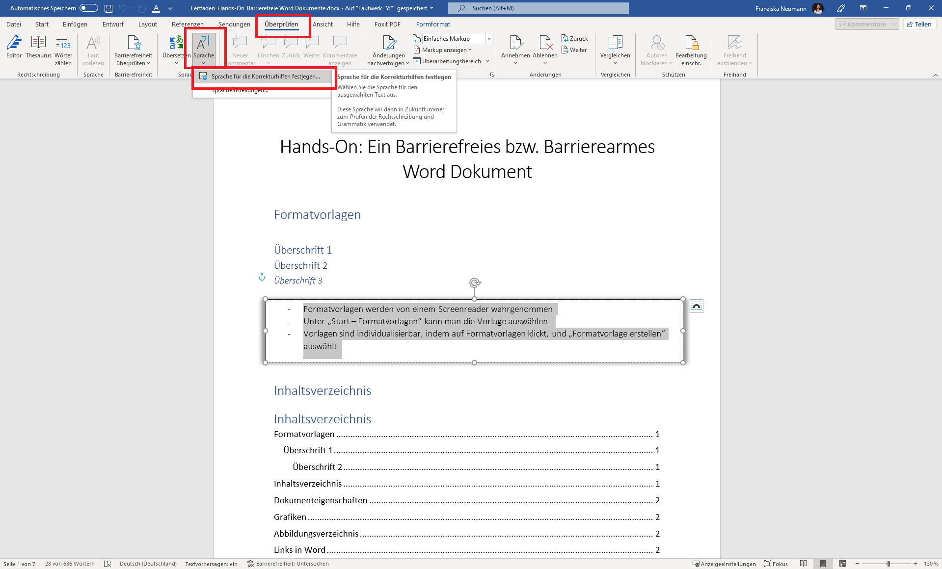 Screenshot eines Word-Dokuments. Die Registerkarte "Überprüfen" ist geöffnet und die Schaltfläche "Sprache" ist ausgewählt. 