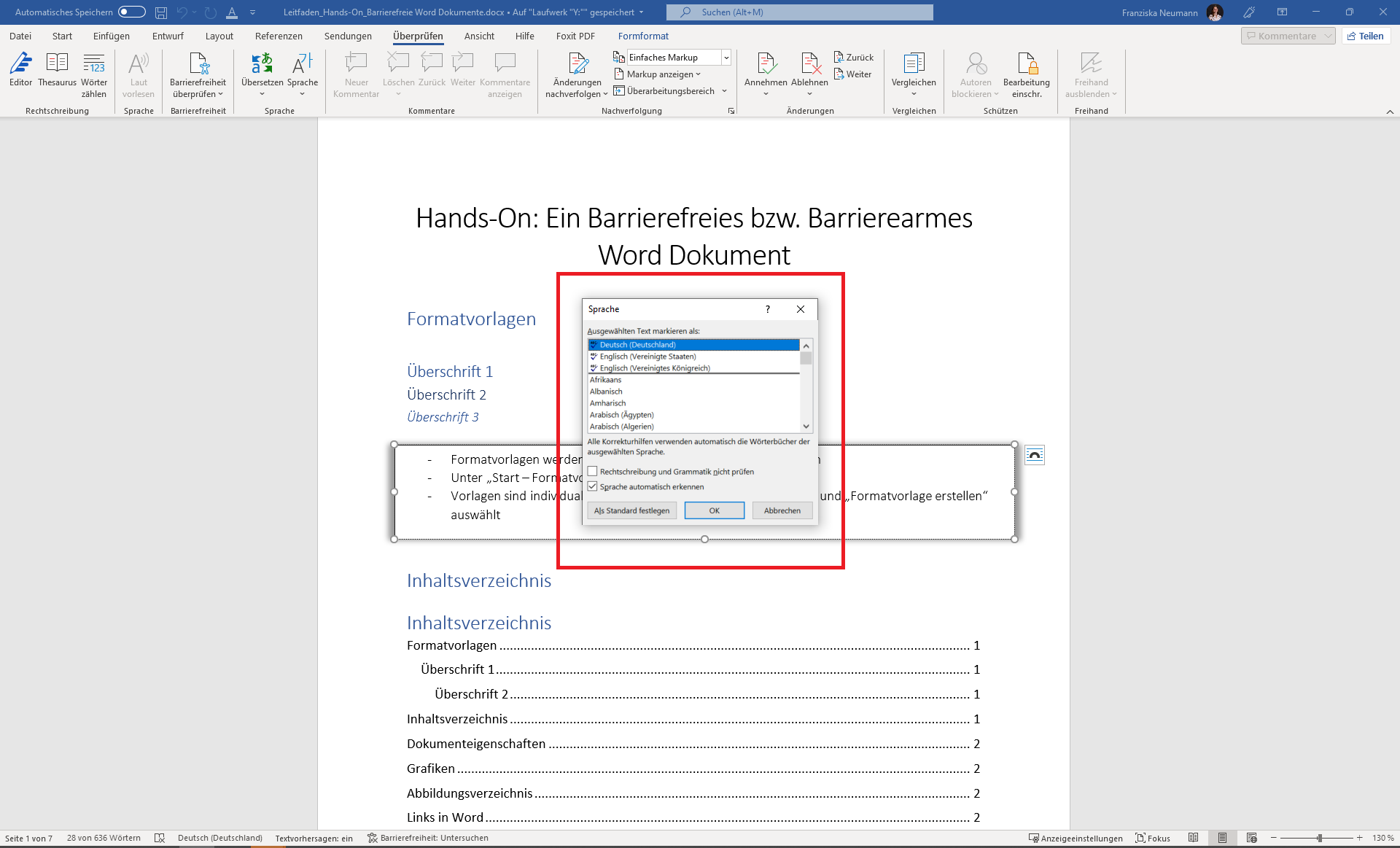 Word-Dokument, in dem das Sprachen-Menü geöffnet ist.