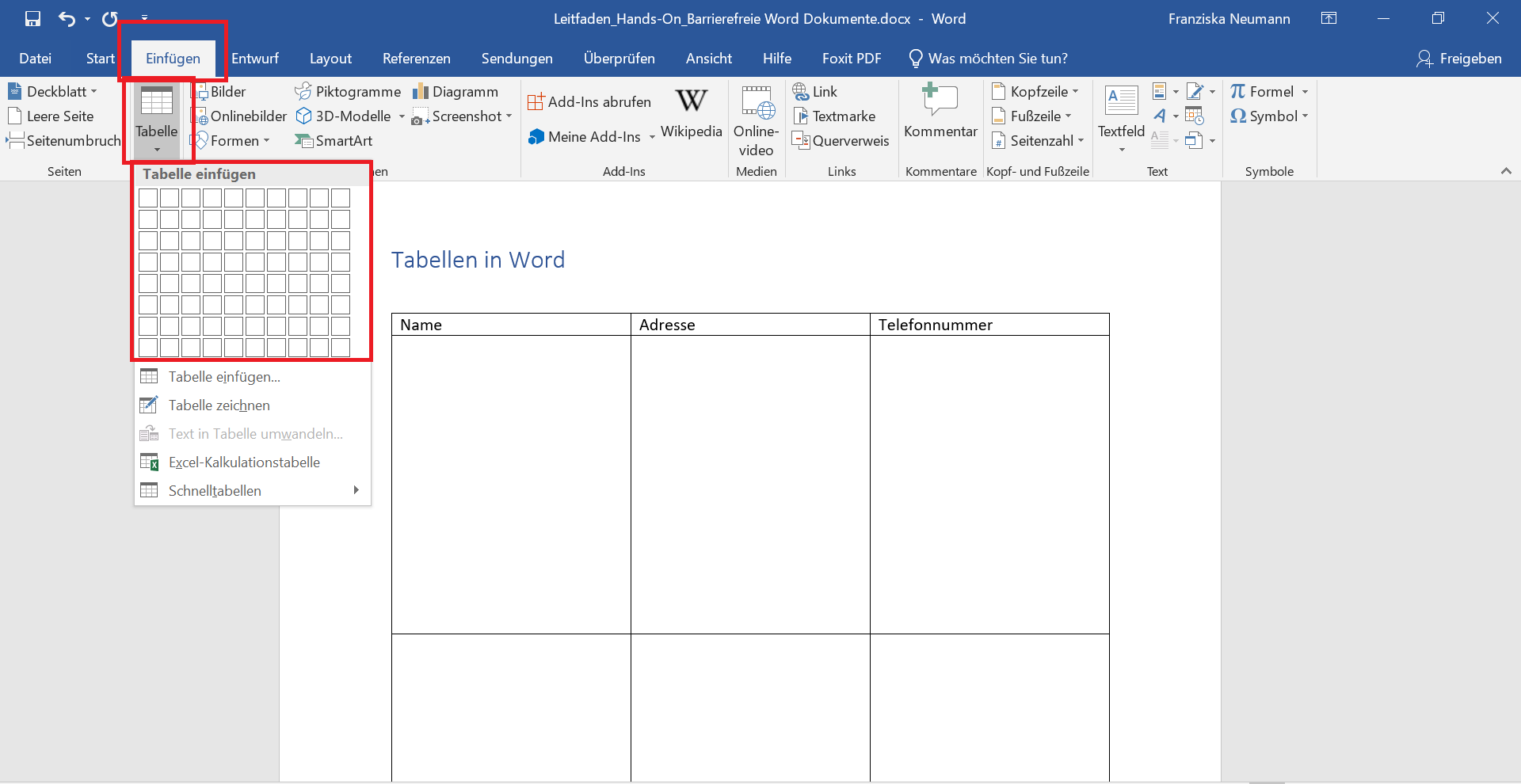 Word-Dokument in dem die Tabellentools geöffnet sind. 