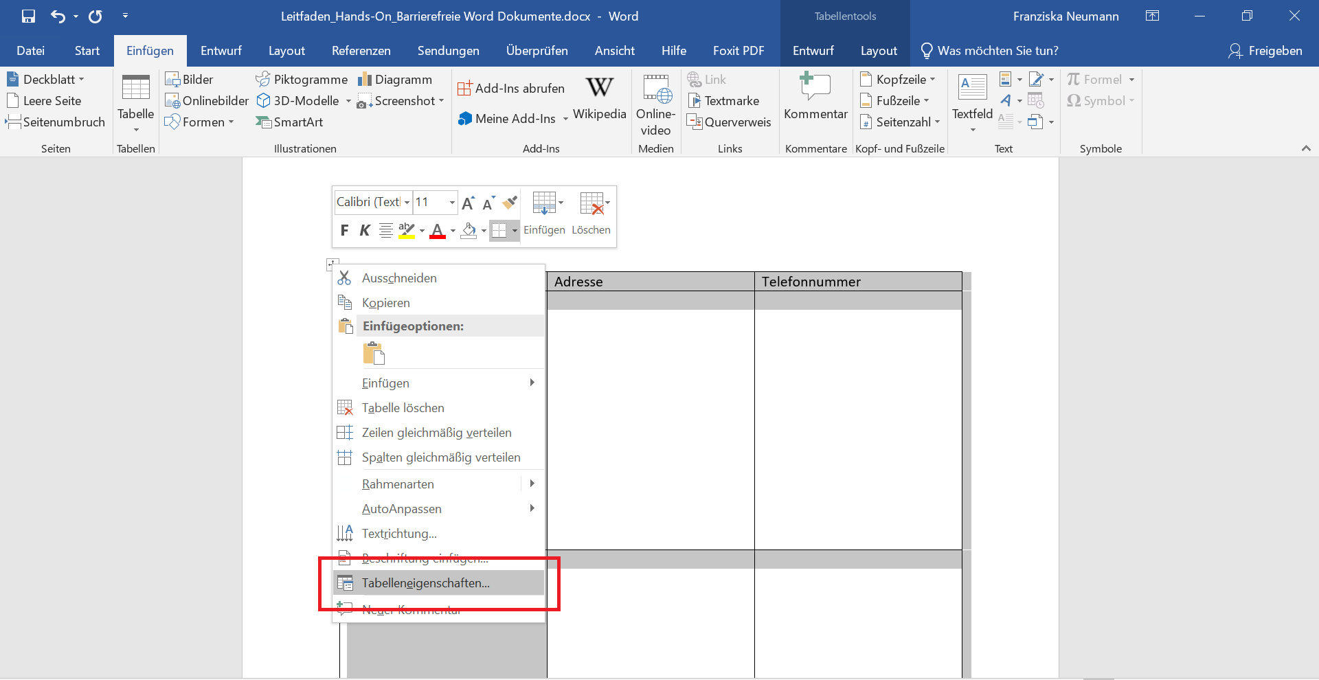 Word-Dokument bei dem die Tabelle markiert wurde, sodass sich per Rechtsklick das Pop-Up Menü öffnet. 