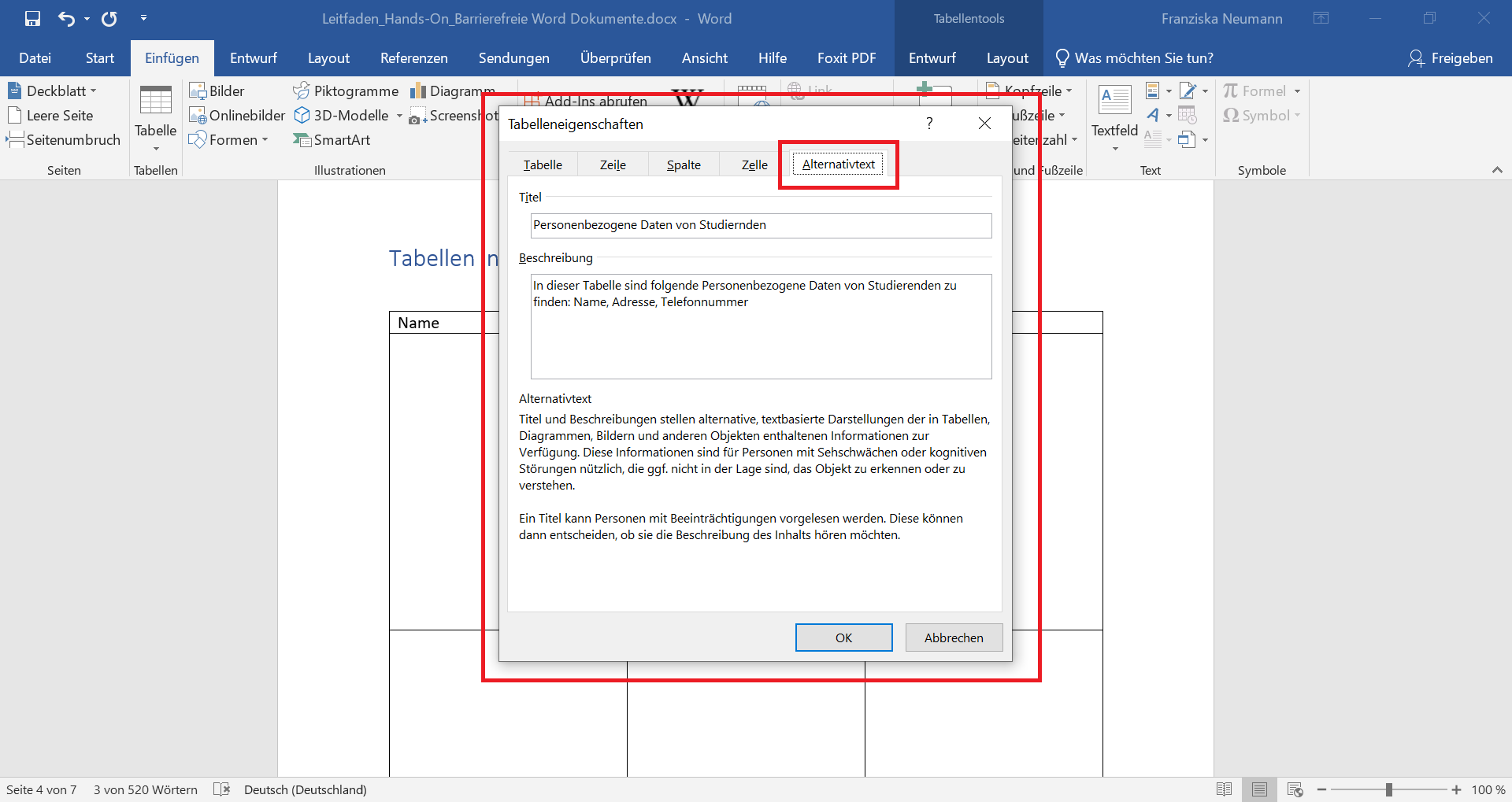Word-Dokument mit geöffneter Eingabefeld für den Alternativtext