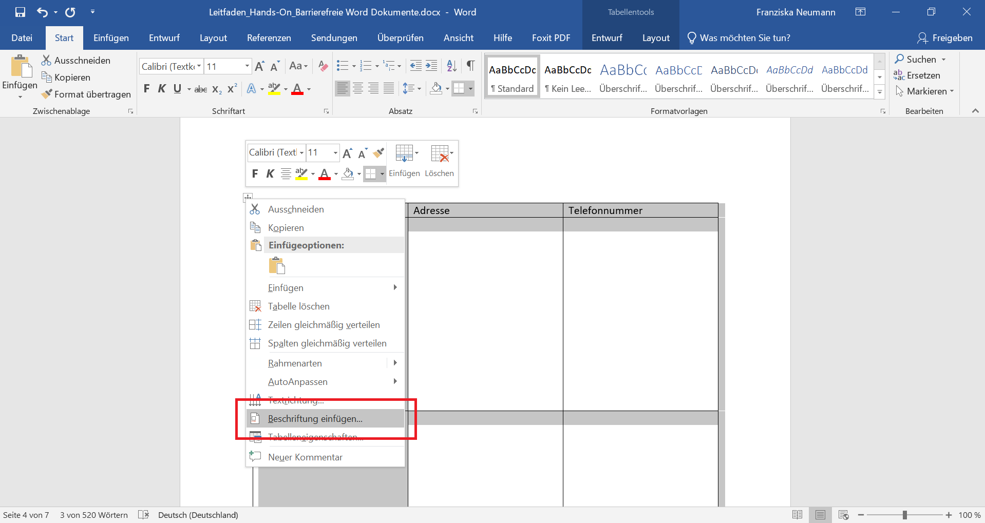 Word-Dokument mit geöffneten Tabellen Pop-Up Menü und grau hinterlegter Beschriftung einfügen Schaltfläche