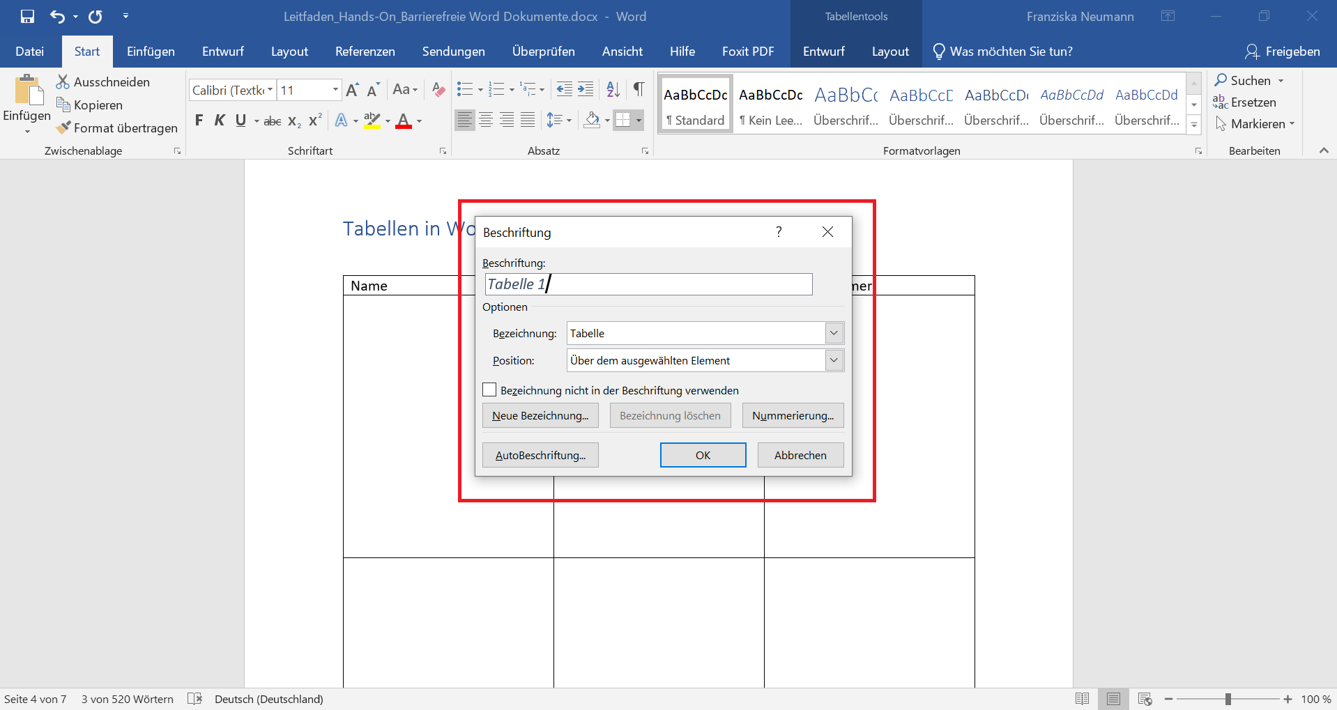 Word-Dokument mit geöffneten Beschriftungs-Maske der Tabelle