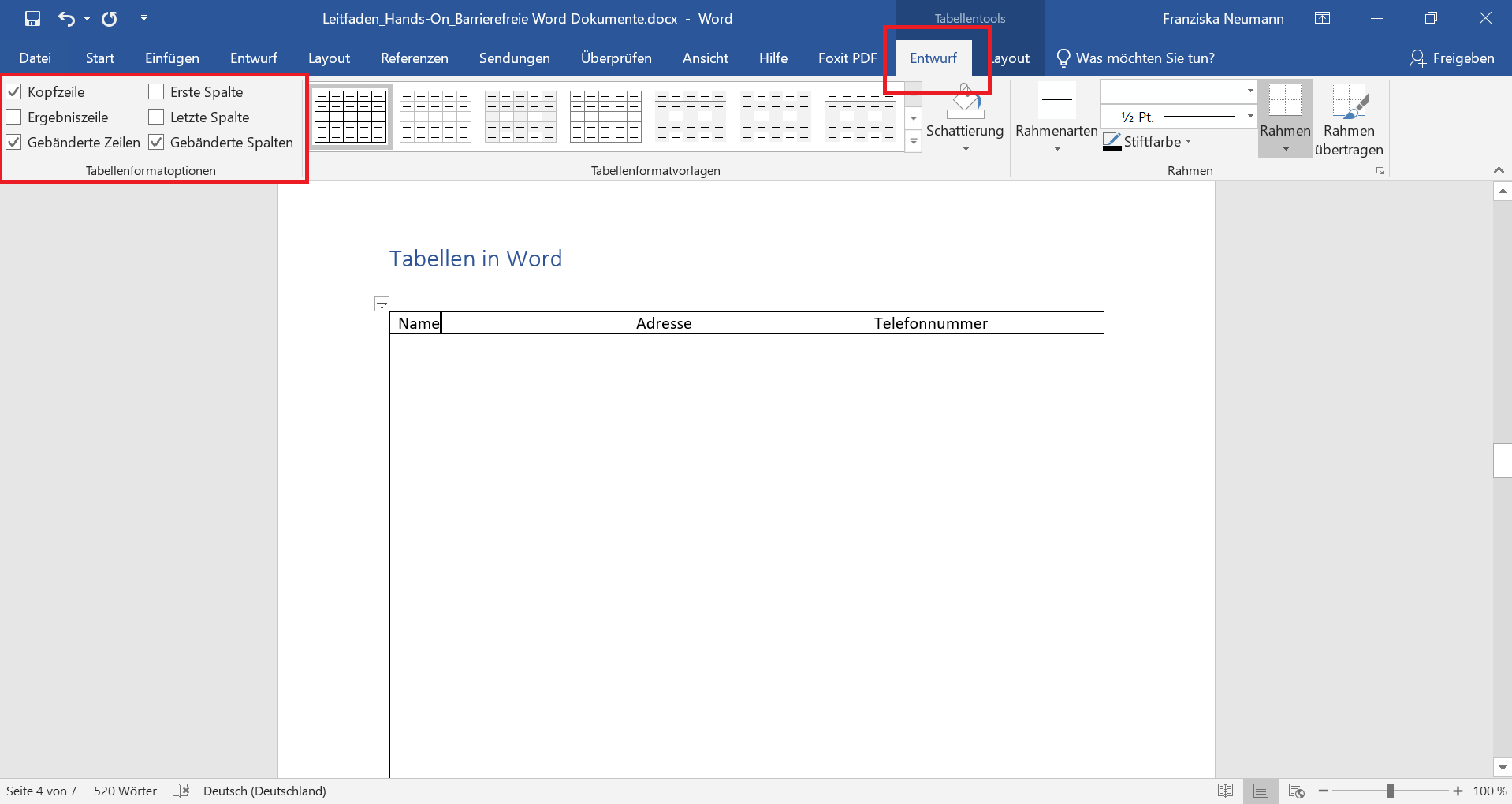 Word-Dokument in dem der Entwurf Reiter der Tabelle geöffnet ist. 