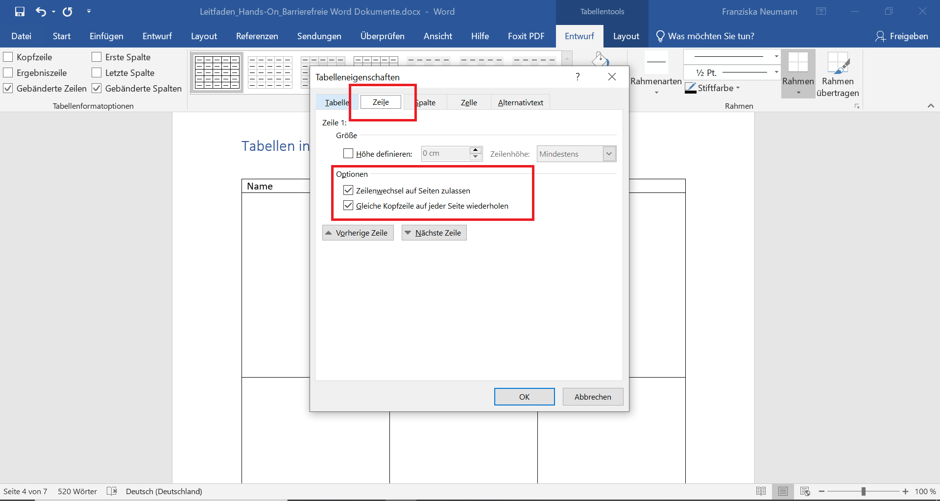 Word-Dokument in dem Tabelleneigenschaften und der Reiter Zeile geöffnet ist. 