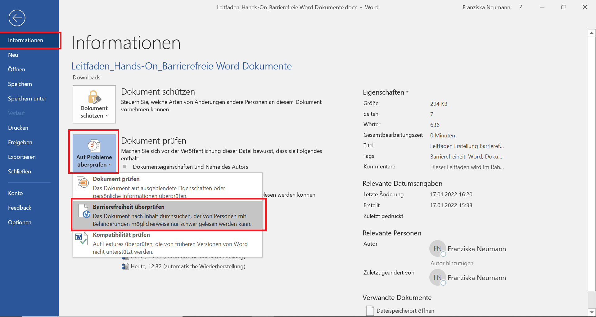 Word-Dokument in dem der Informations-Reiter geöffnet ist und die Schaltfläche "Barrierefreiheit überprüfen" geöffnet und hervorgehoben ist. 