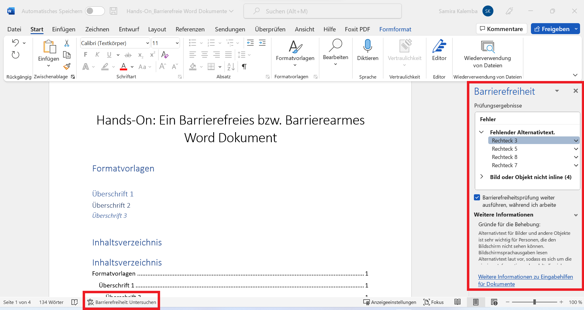 Auszug eines Worddokuments, untere Statusleiste mit rotem Kasten um die Schaltfläche "Barrierefreiheit".