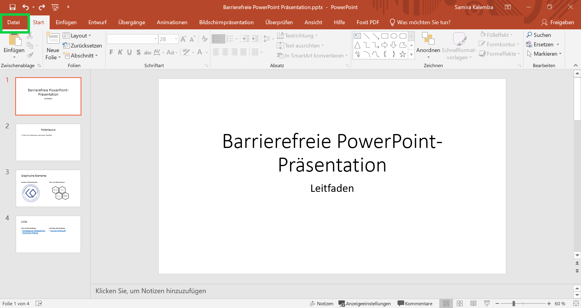 PowerPoint-Dokument bei dem die Registerkarte "Datei" mit einem grünen Kasten hervorgehoben ist.