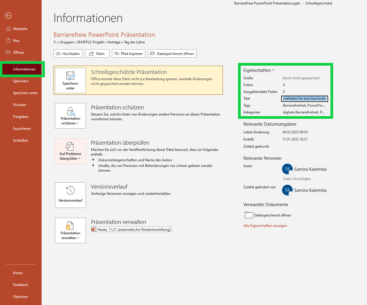 PowerPoint-Dokument in dem die Dokumenteigenschaften geöffnet sind.