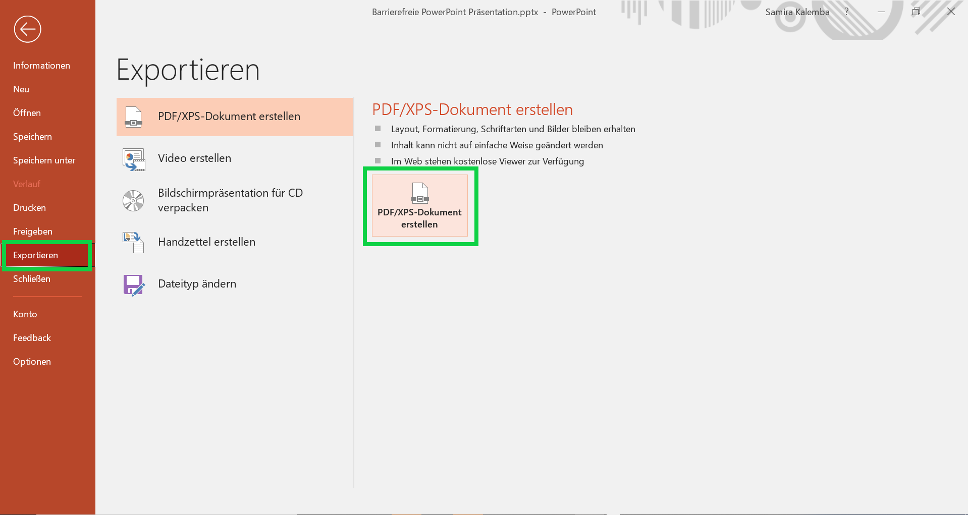 PowerPoin-Dokument, in dem die Maske zum Exportieren ins PDF-Format geöffnet ist.