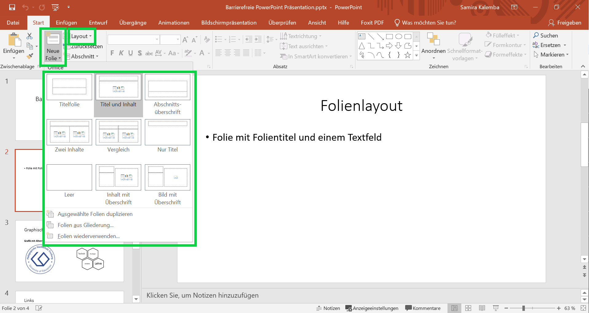 Ein offenes PowerPoint-Dokument, mit einem grünen Kasten um die Neue-Folie-Registerkarte und die Layout-Registerkarte.