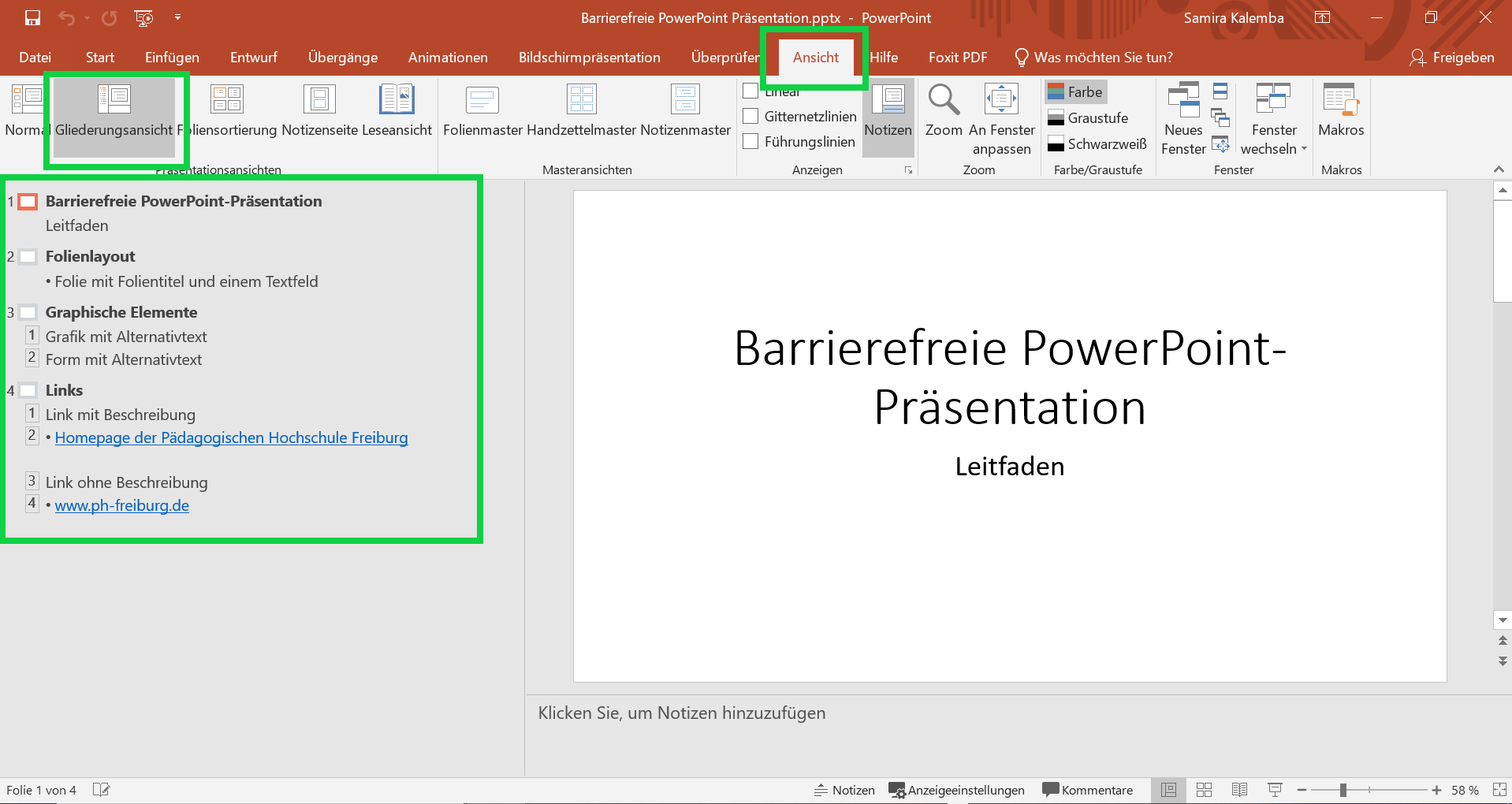 Ein PowerPoint Dokument mit der geöffneten Ansicht-Registerkarte und der Auswahl der Gliederungsansicht. Auf der linken Seite des Dokuments befindet sich eine Übersicht aller PowerPoint-Folien des Dokuments mit deren Überschriften und Inhalten.