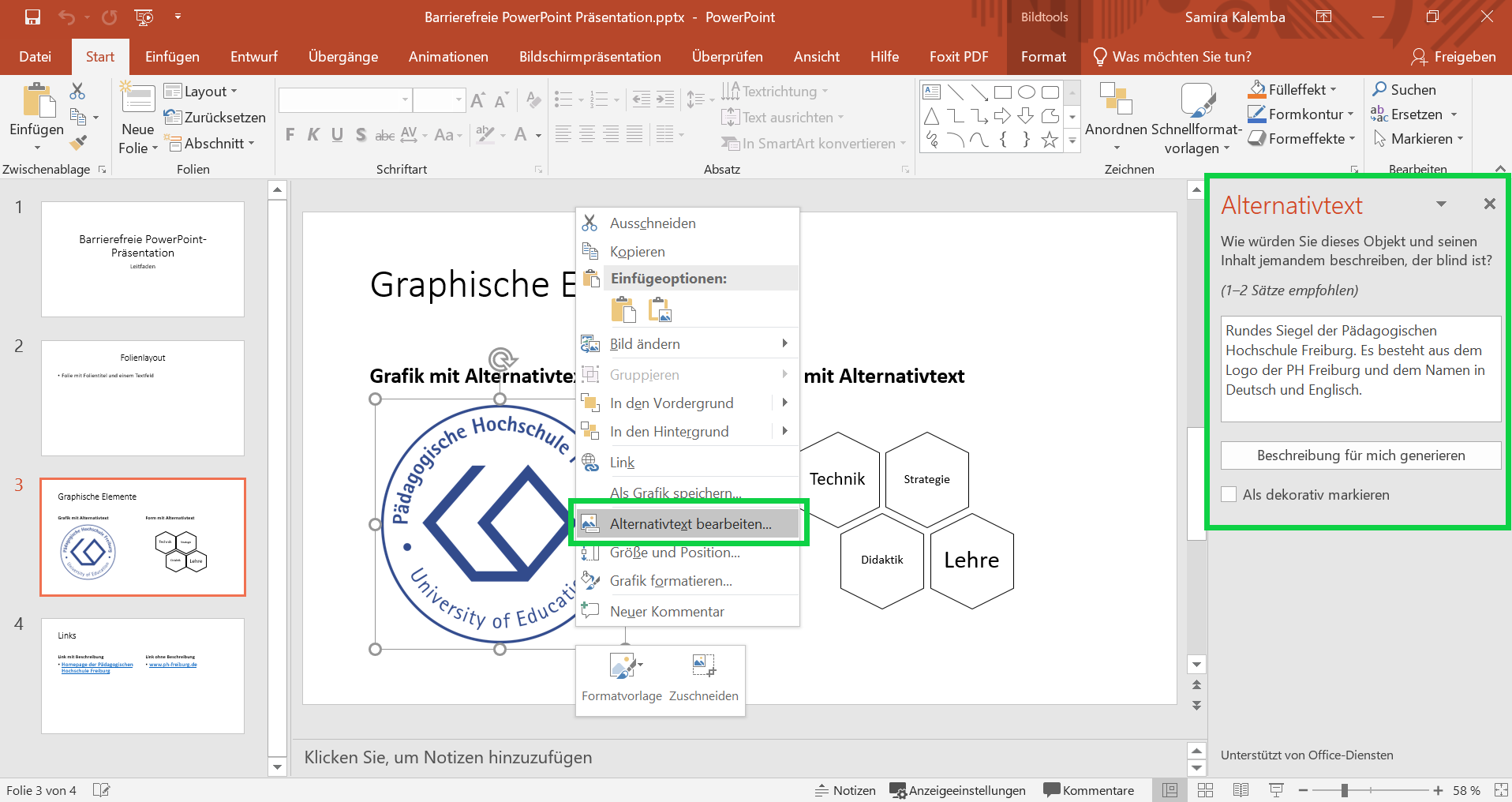 Ein offenes PowerPoint-Dokument in dem das Kontextmenü durch Rechtsklick auf eine Abbildung geöffnet ist. Ein grüner Kasten markiert darin die Schaltfläche "Alternativtext bearbeiten". Auf der rechten Seite des Dokuments ein grüner Kasten um das Alternativtext-Eingabefeld.