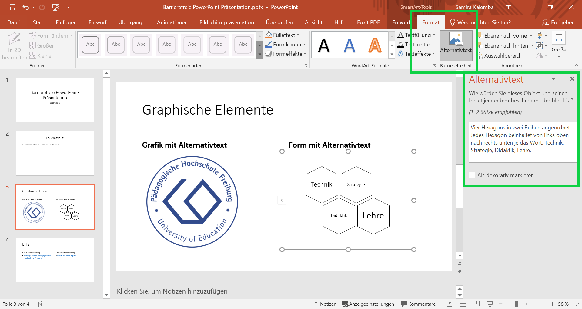 Ein offenes PowerPoint-Dokument mit grünen Kästen um die Registerkarte Format, die Schaltfläche Alternativtext und die Eingabemaske des Alternativtextes.