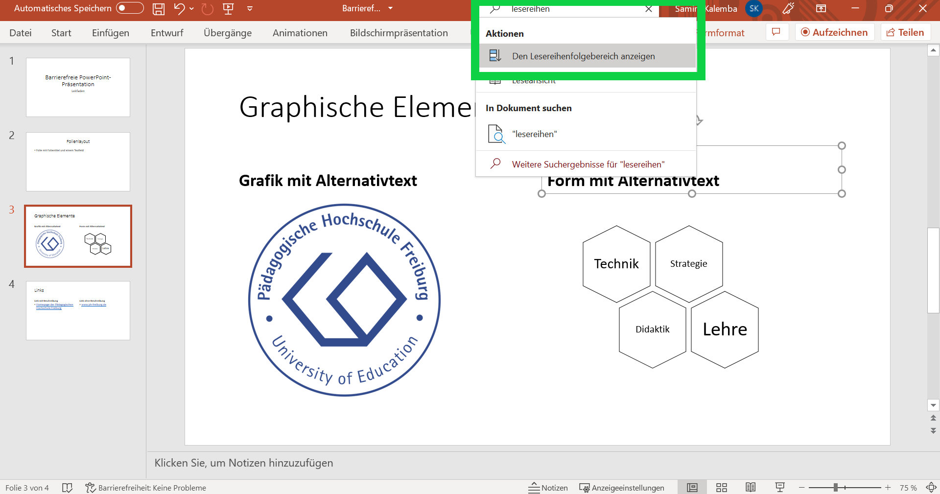 PowerPoint-Dokument mit dem Text "Lesereihenfolge" in der Suchfunktion