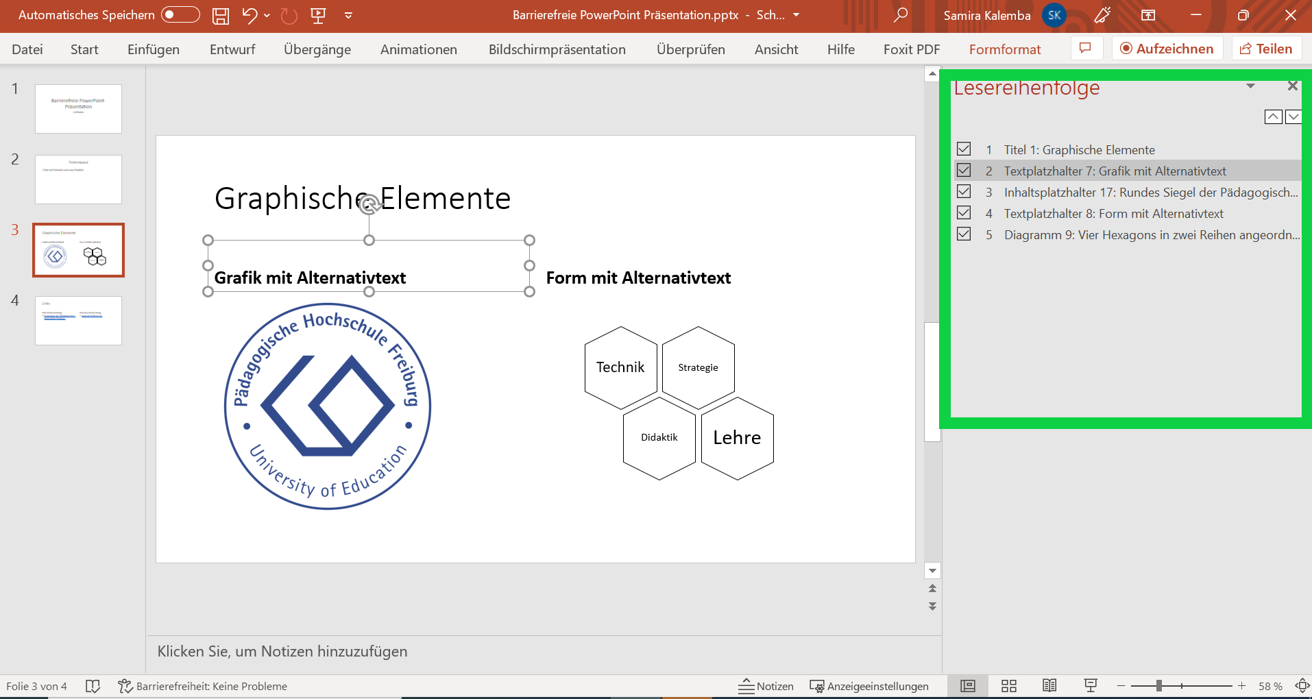 PowerPoint-Dokument mit geöffnetem Lesereihenfolgen-Bereich