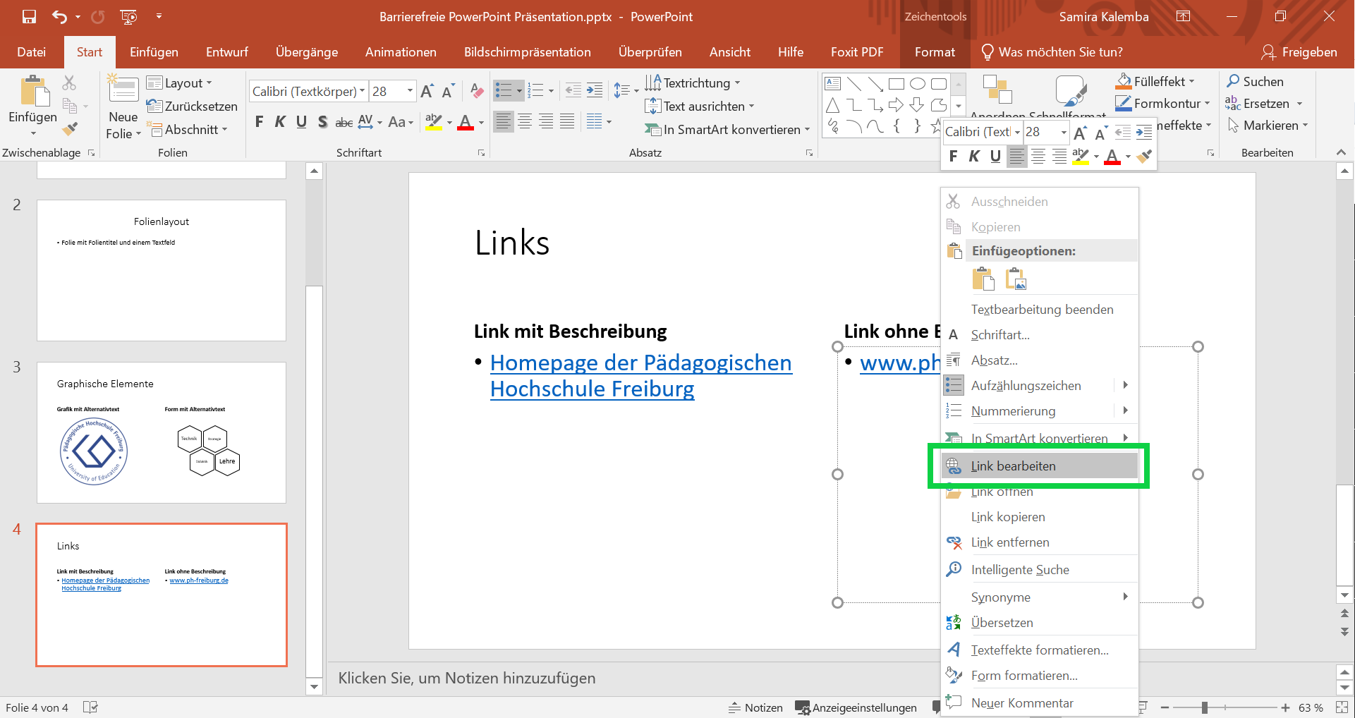 PowerPoint-Dokument in dem das Kontextmenü durch Rechtsklick auf einen Link geöffnet ist. Ein roter Kasten liegt um die Schaltfläche Link bearbeiten.