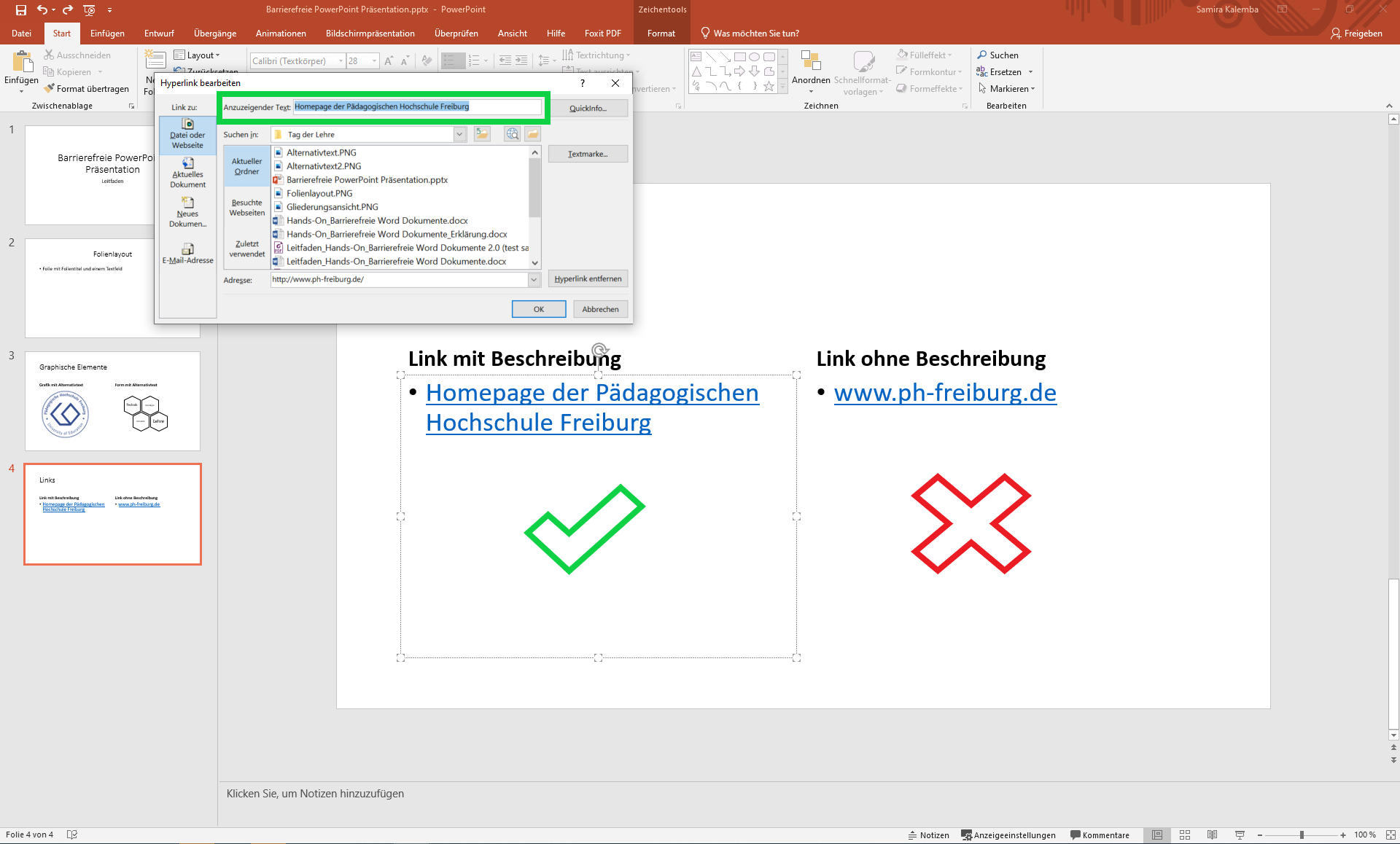 PowerPoint-Dokument mit geöffneter Bearbeitungsmaske eines Hyperlinks. Das Feld "Anzuzeigender Text" unterscheidet sich inhaltlich von der angegebenen Link-Adresse.