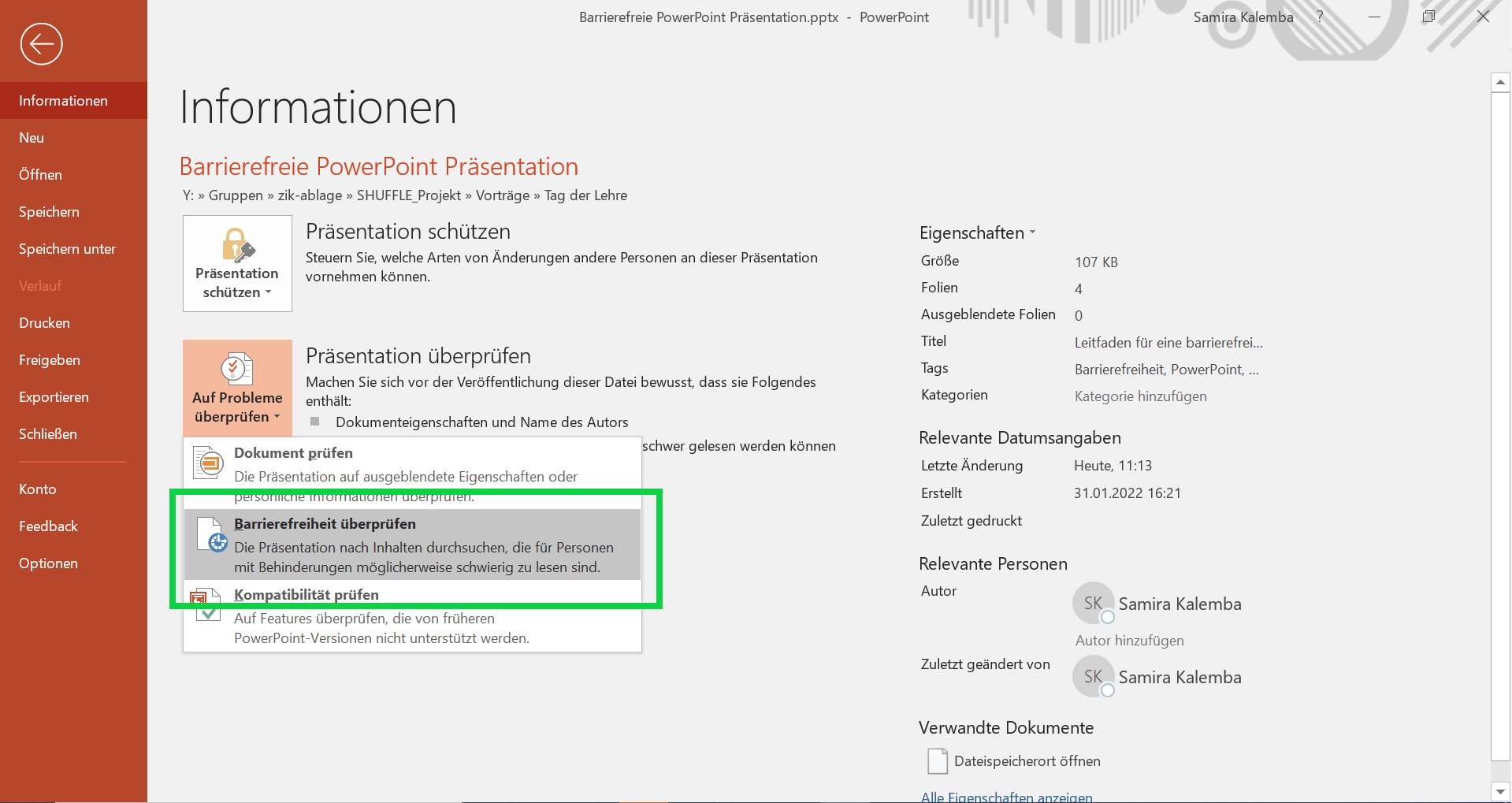 PowerPoint-Dokument in dem der Informations-Reiter geöffnet ist und die Schaltfläche "Barrierefreiheit überprüfen" geöffnet und hervorgehoben ist.