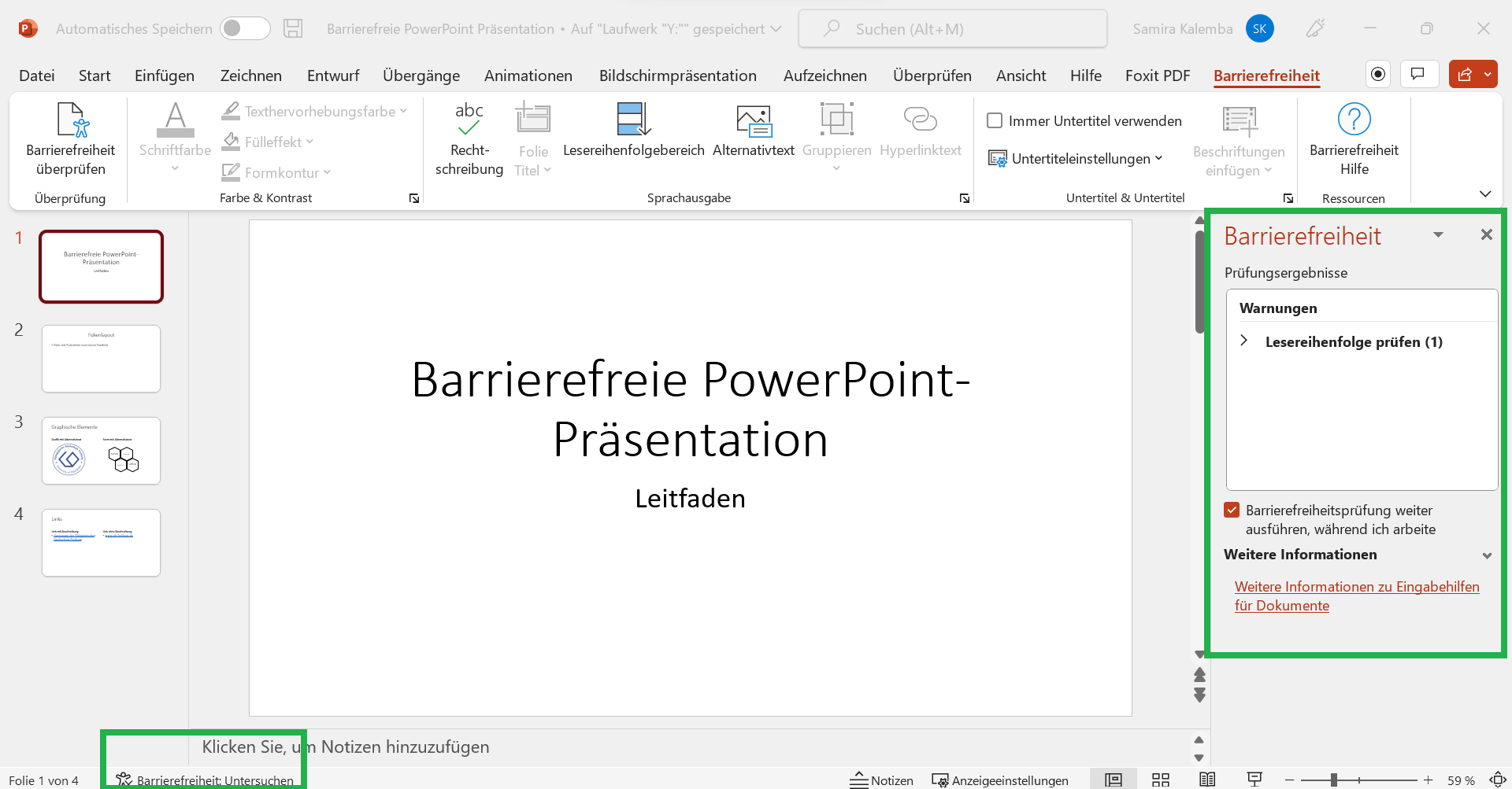 Screenshot PowerPoint Dokument, mit grüner Umrandung der Schaltfläche Barrierefreiheit in der unteren Statusleiste und Umrandung des Prüfberichts Barrierefreiheit auf der rechten Seite