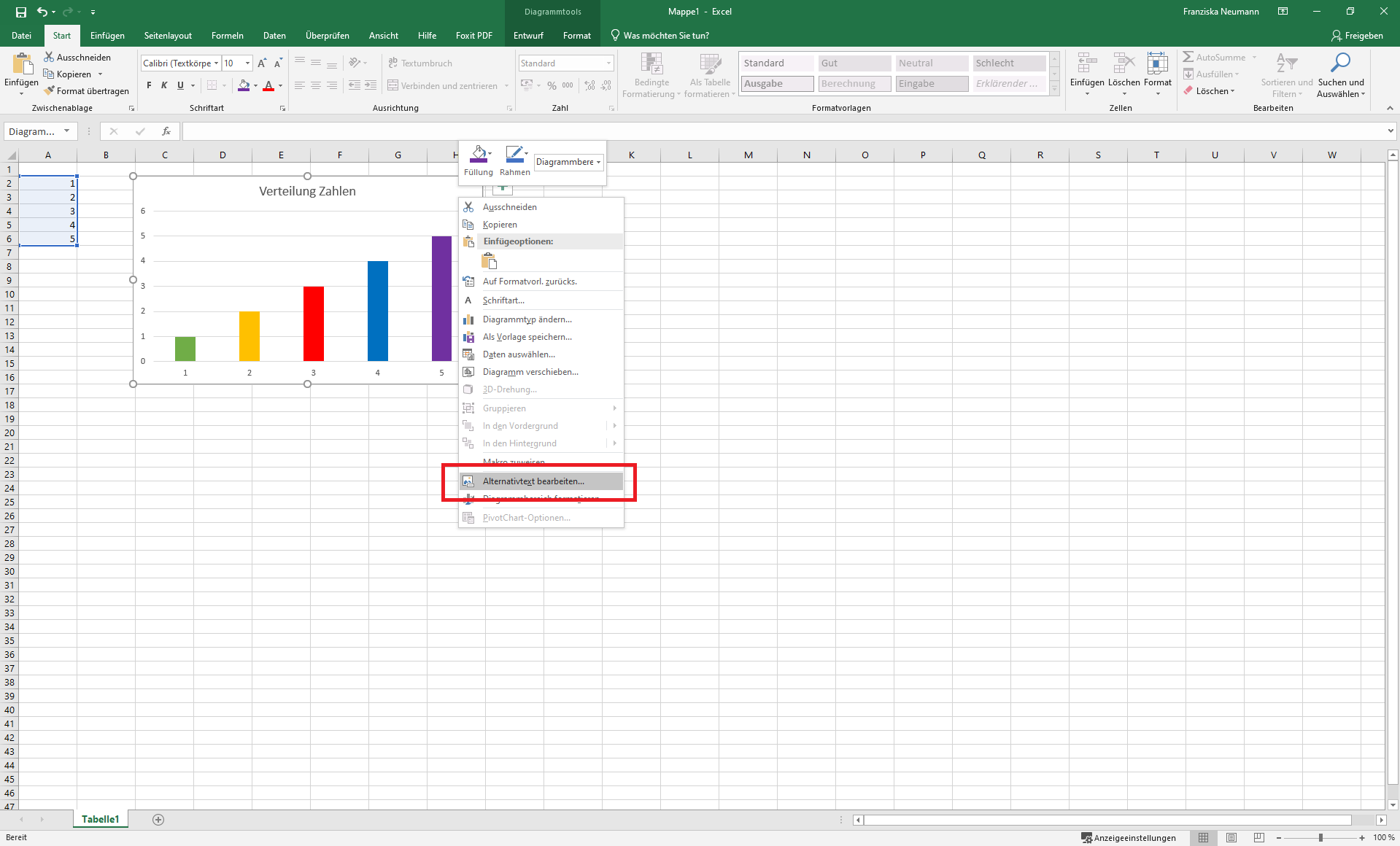 Excel-Datei mit einer Grafik. Das Kontextmenü der Grafik ist durch Rechtsklick geöffnet.