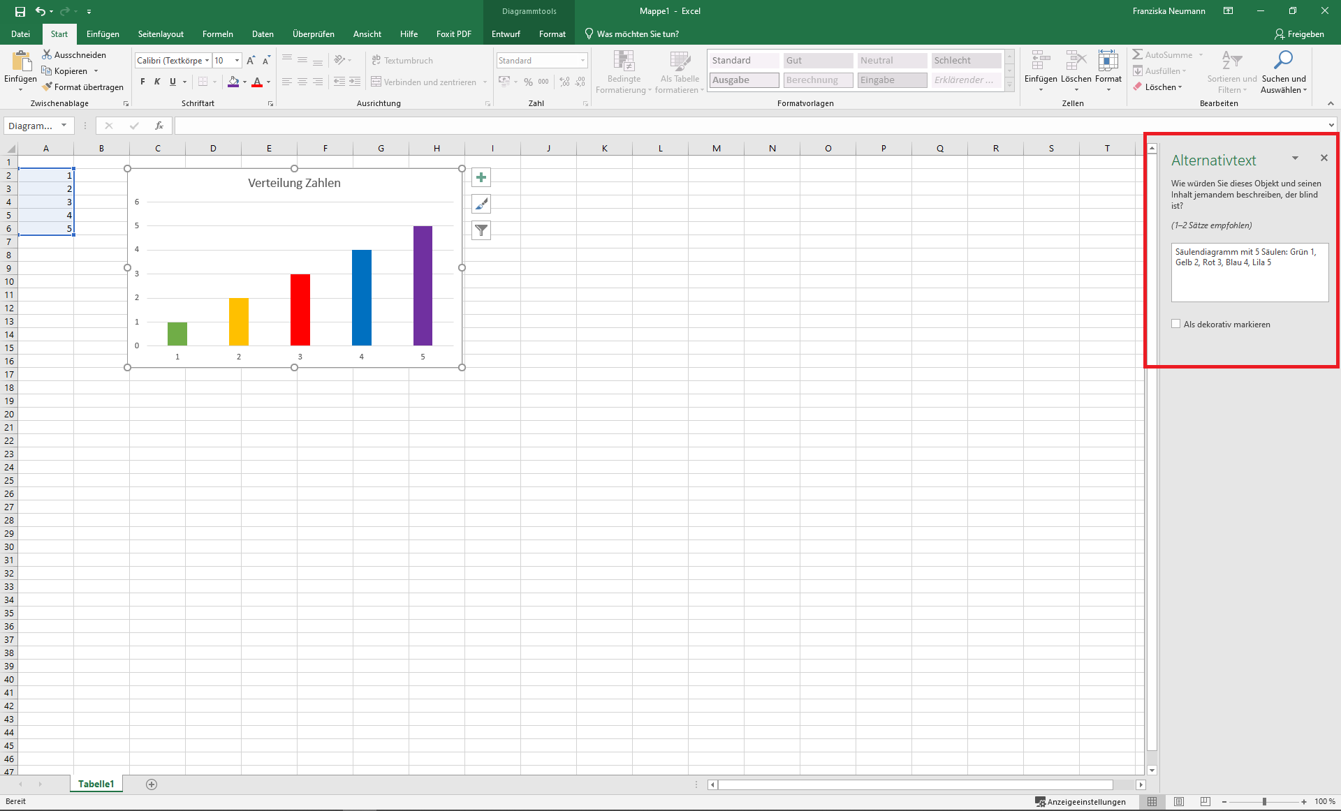 Excel-Datei mit einer Grafik. Eingabemaske für den Alternativtext ist geöffnet.