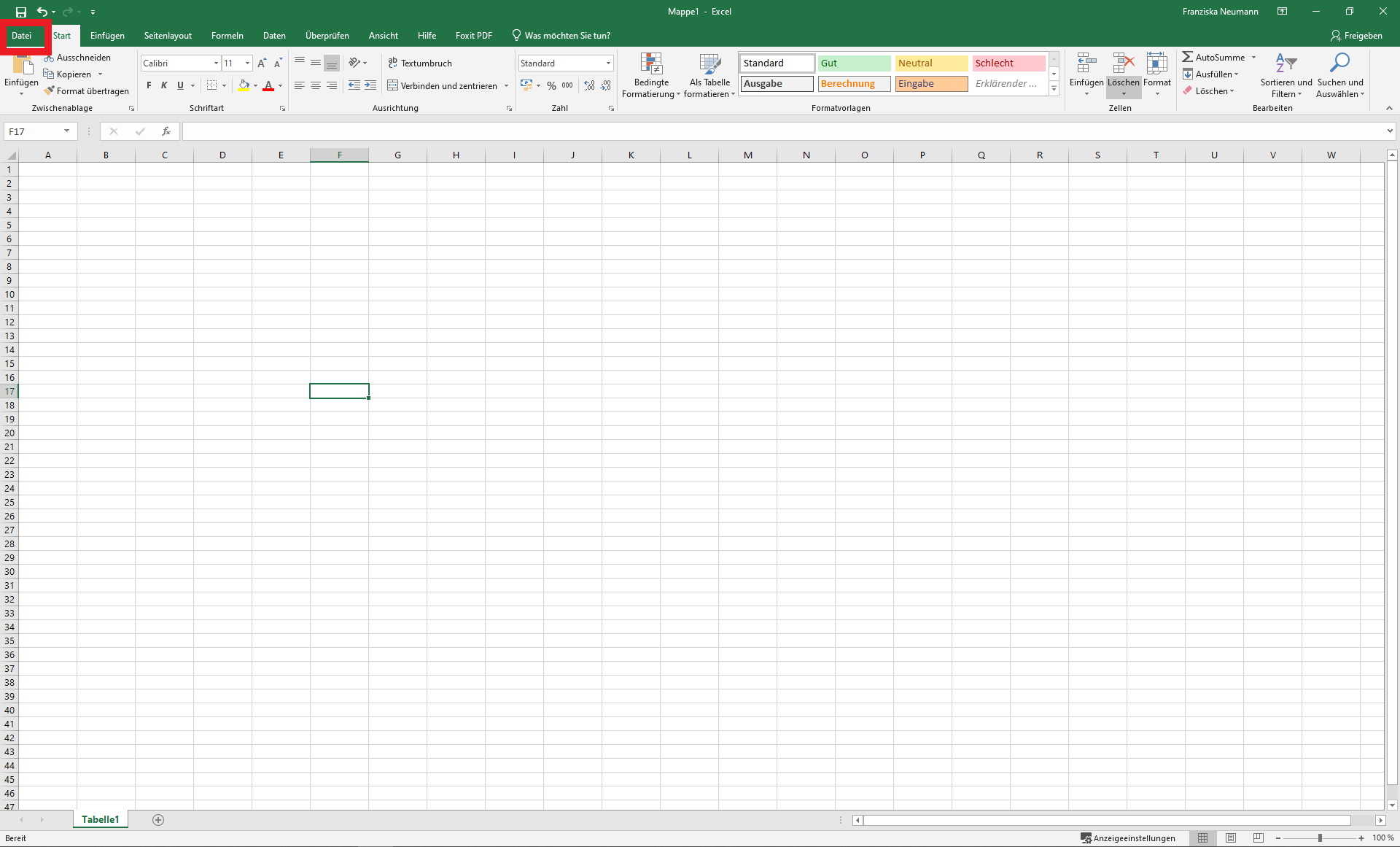 Excel-Datei, in dem der Reiter "Datei" hervorgehoben ist. 