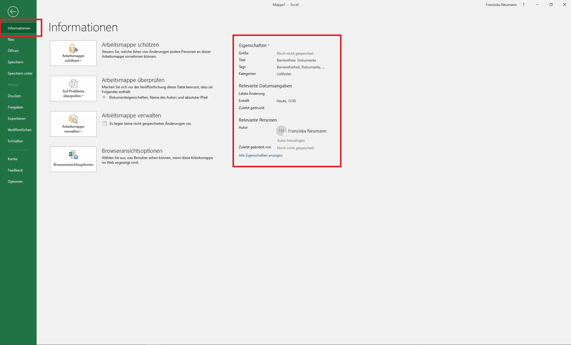 Excel-Datei in dem über den Reiter "Datei" die Informationen und somit die Dokumenteigenschaften geöffnet sind. 