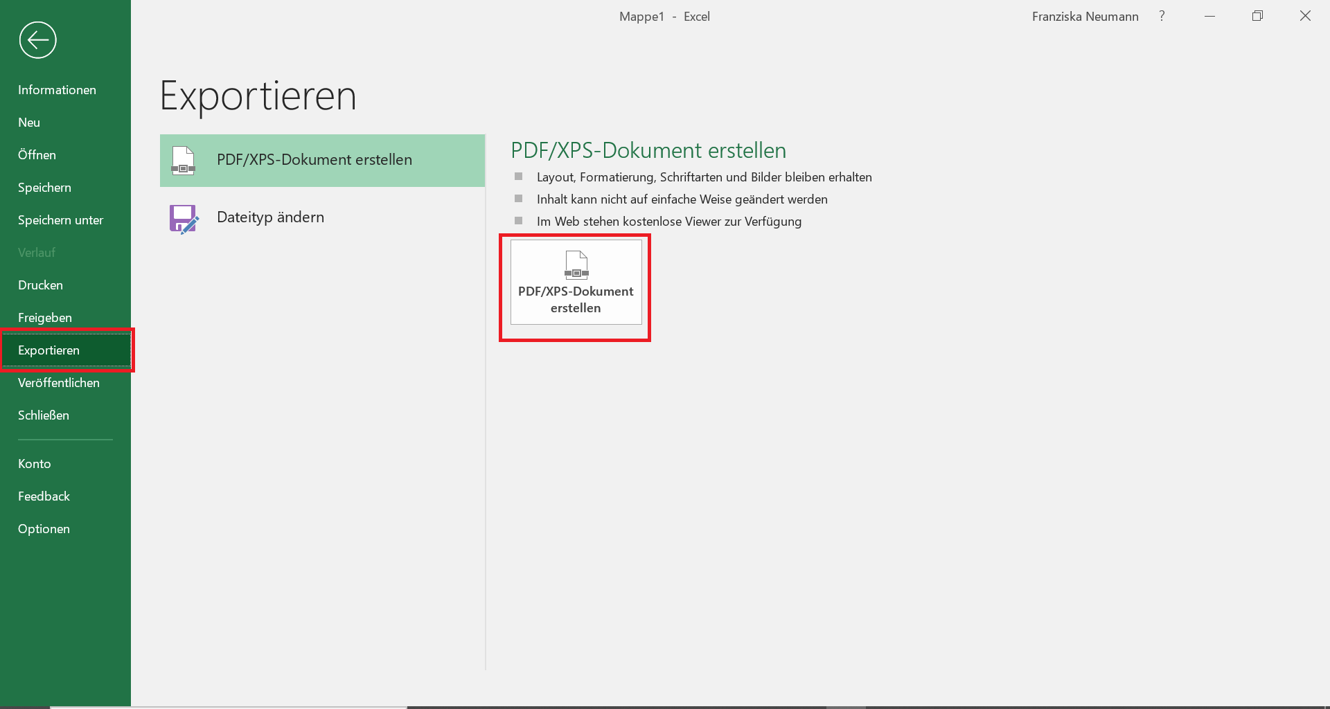 Excel-Dokument, in dem die Maske zum Exportieren ins PDF-Format geöffnet ist.